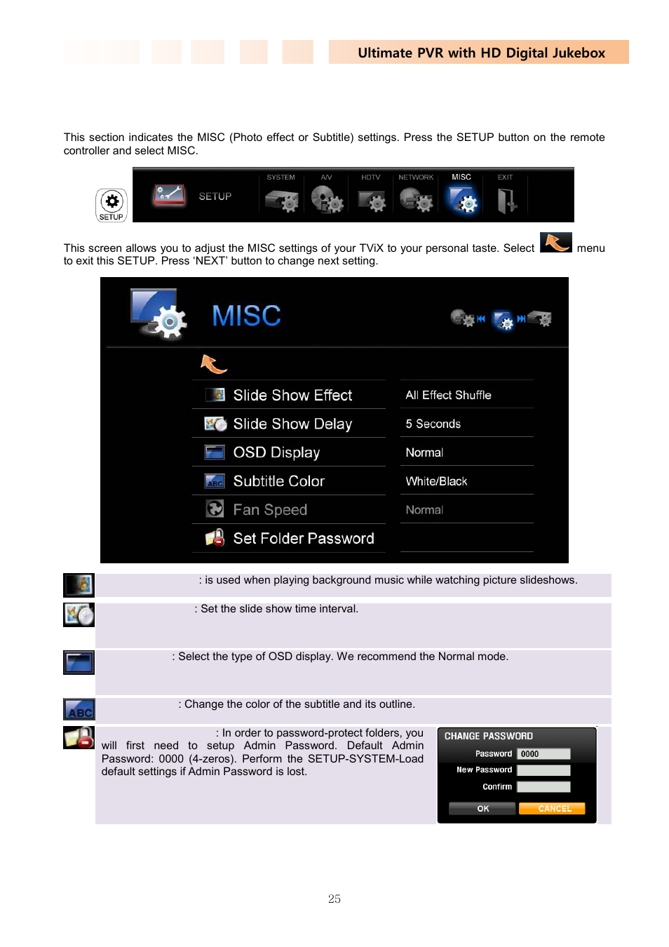 5 misc setting, Ultimate pvr with hd digital jukebox | DVico TVIX PVR R-2230 User Manual | Page 25 / 68