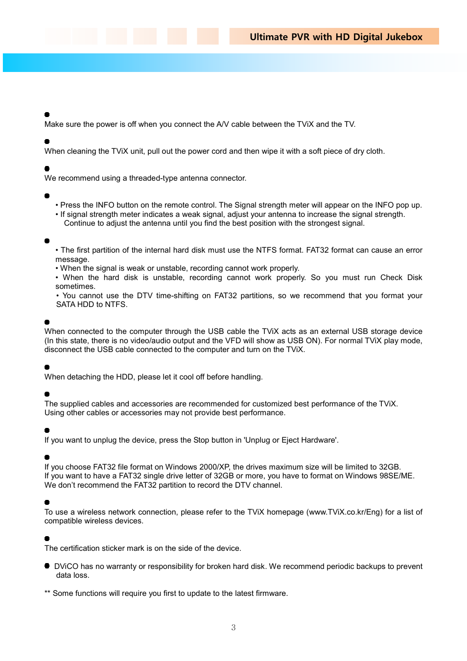 Usage precautions, Ultimate pvr with hd digital jukebox | DVico TVIX PVR R-2230 User Manual | Page 3 / 68
