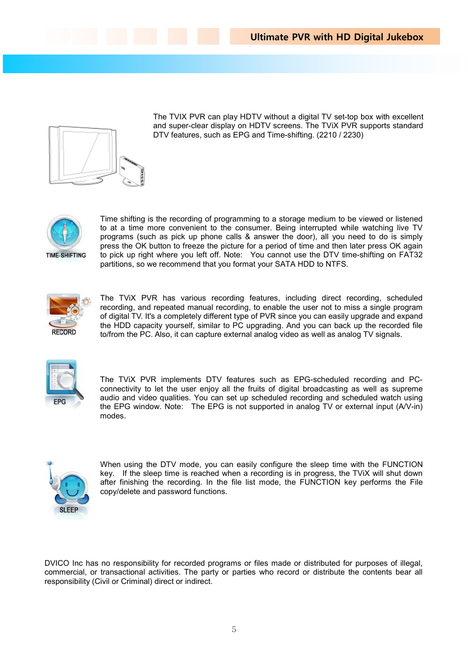 1 introduct, 1 hdtv pvr function, 1 introduction | DVico TVIX PVR R-2230 User Manual | Page 5 / 68