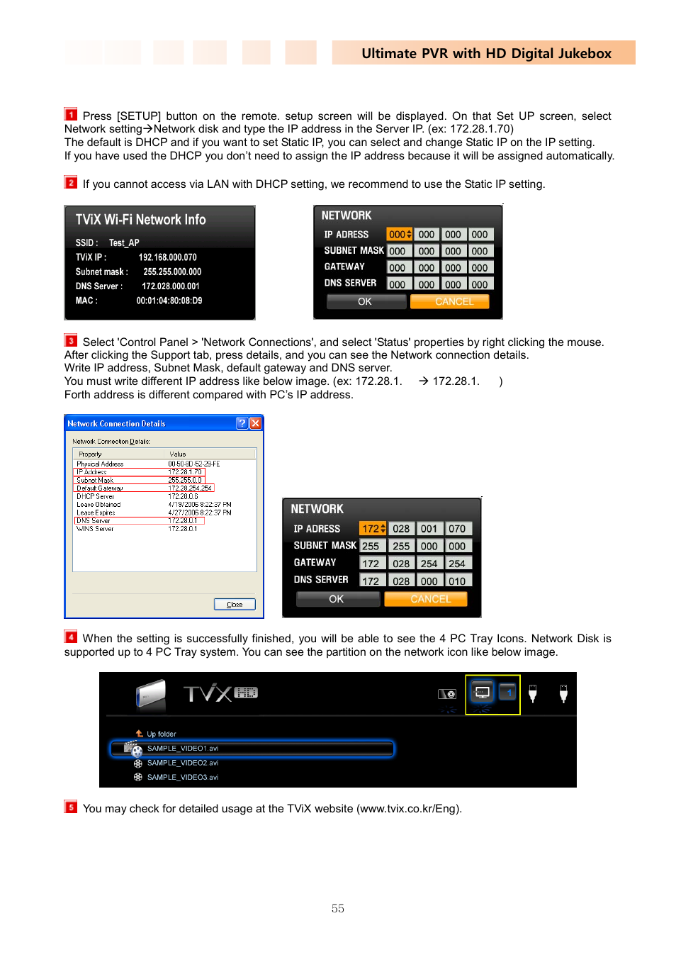 Ultimate pvr with hd digital jukebox, 6 setting static ip network configurations in tvix | DVico TVIX PVR R-2230 User Manual | Page 55 / 68