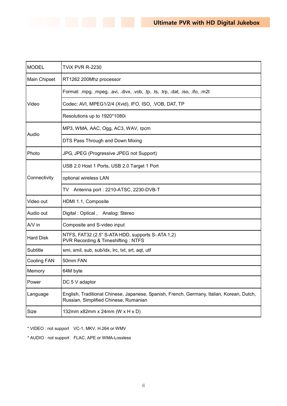 5 specifications, Ultimate pvr with hd digital jukebox | DVico TVIX PVR R-2230 User Manual | Page 8 / 68