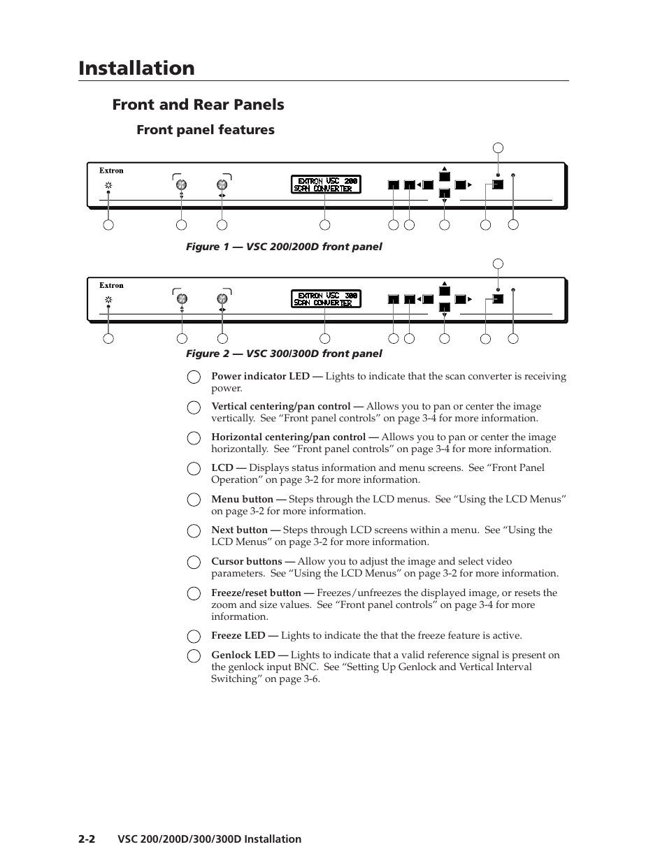 Installation, Installation, cont’d, Front and rear panels | Front panel features | Extron Electronics VSC 300_300D User Guide User Manual | Page 12 / 54