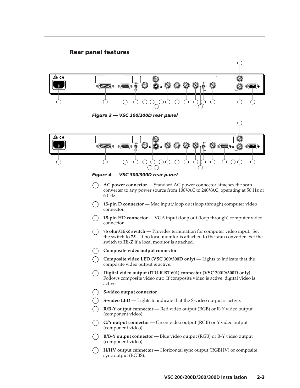 Rear panel features, Composite video output connector, S-video output connector | Extron Electronics VSC 300_300D User Guide User Manual | Page 13 / 54