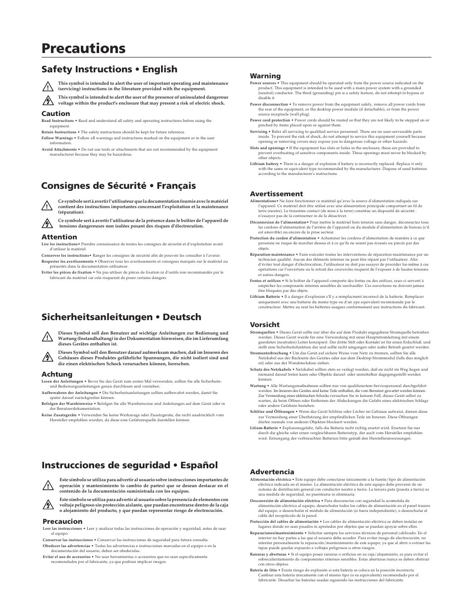 Precautions, Instrucciones de seguridad • español, Caution | Warning, Attention, Avertissement, Achtung, Vorsicht, Precaucion, Advertencia | Extron Electronics VSC 300_300D User Guide User Manual | Page 2 / 54