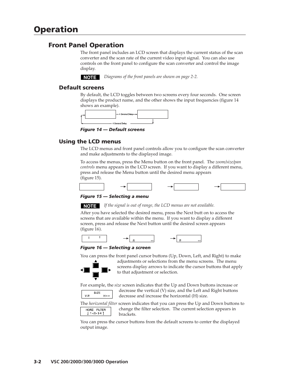 Operation, Operation, cont’d, Front panel operation | Default screens, Using the lcd menus | Extron Electronics VSC 300_300D User Guide User Manual | Page 22 / 54