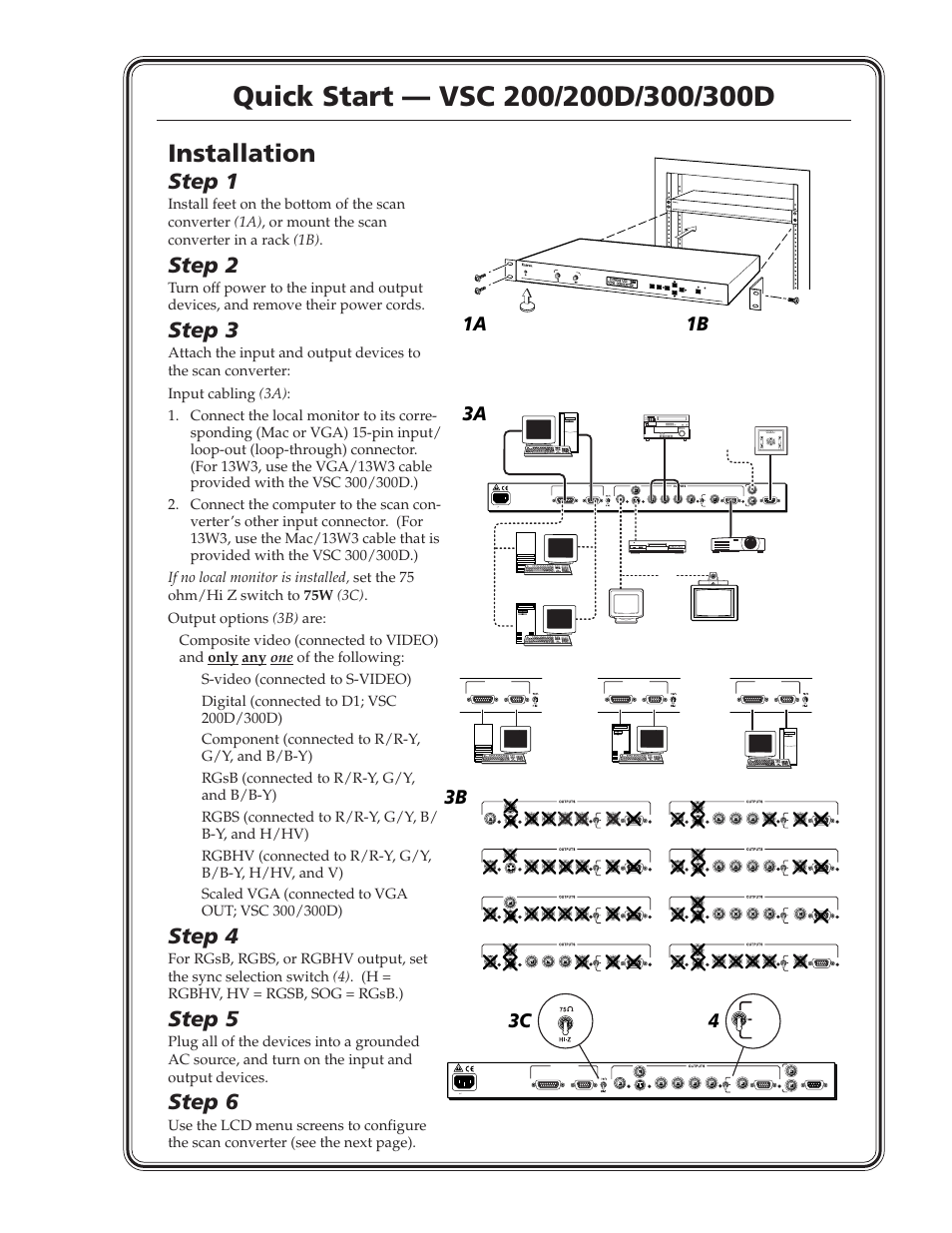 Installation, Step 1, Step 2 | Step 3, Step 4, Step 5, Step 6, Menu freeze/ reset, Next, Computer to v ideo scan con verter centering/pa n | Extron Electronics VSC 300_300D User Guide User Manual | Page 3 / 54