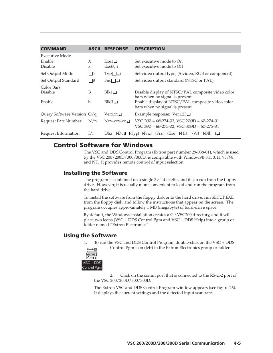 Control software for windows, Installing the software, Using the software | Extron Electronics VSC 300_300D User Guide User Manual | Page 35 / 54