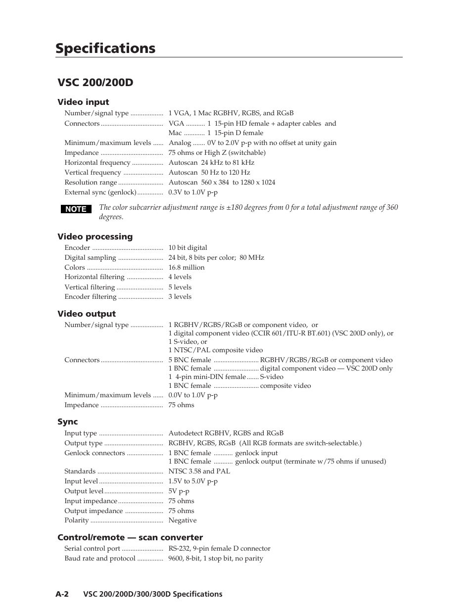 Specifications, Specifications, cont’d | Extron Electronics VSC 300_300D User Guide User Manual | Page 42 / 54