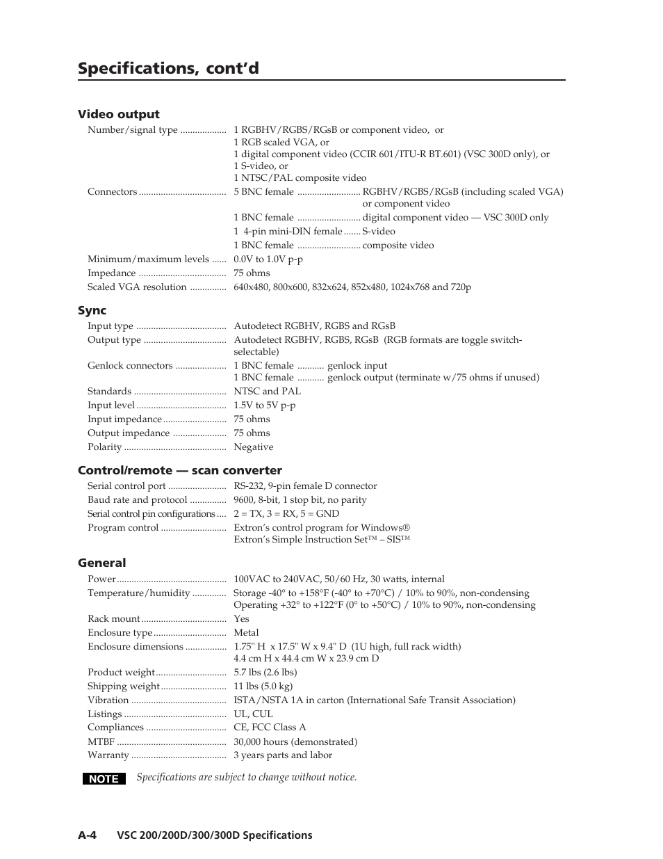 Specifications, cont’d | Extron Electronics VSC 300_300D User Guide User Manual | Page 44 / 54