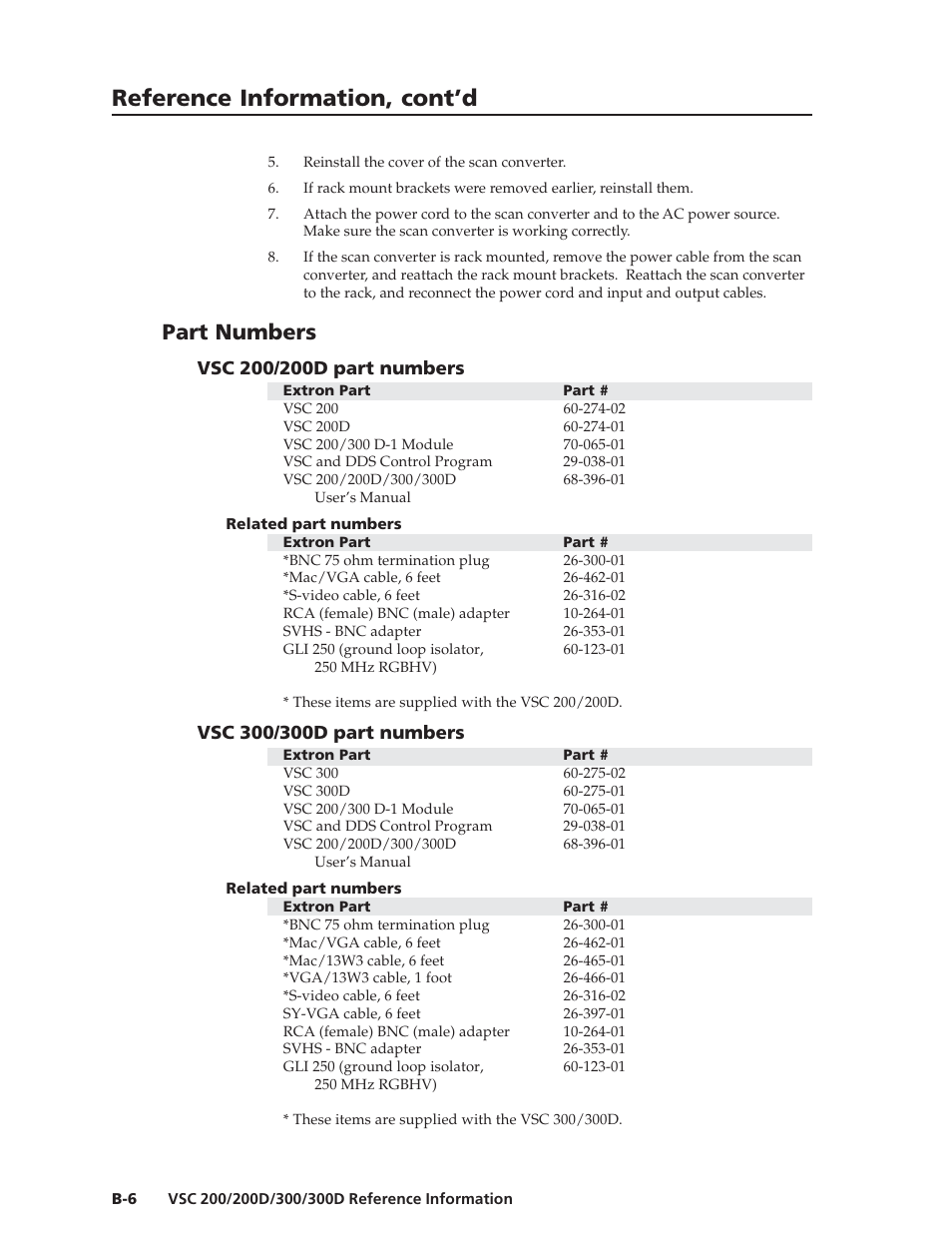 Reference information, cont’d, Part numbers | Extron Electronics VSC 300_300D User Guide User Manual | Page 50 / 54