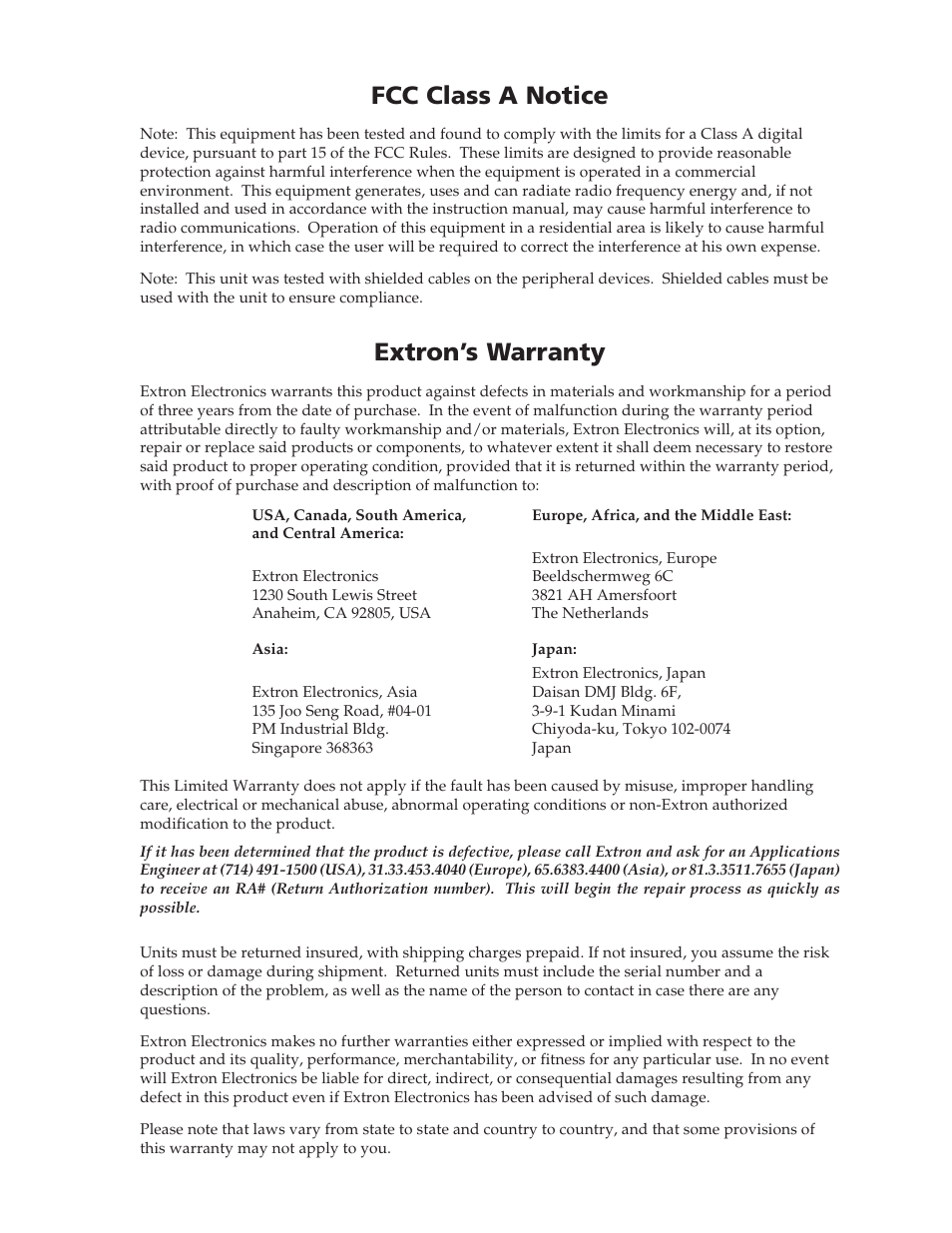 Fcc class a notice, Extron’s warranty | Extron Electronics VSC 300_300D User Guide User Manual | Page 53 / 54