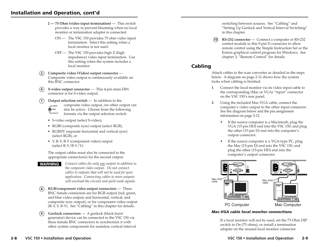 Installation and operation, cont’d cabling, Pc computer mac computer | Extron Electronics VSC 150 User Guide User Manual | Page 10 / 23