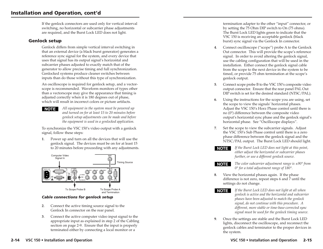 Installation and operation, cont’d, Genlock setup, Vsc 150 • installation and operation | Cable connections for genlock setup | Extron Electronics VSC 150 User Guide User Manual | Page 13 / 23