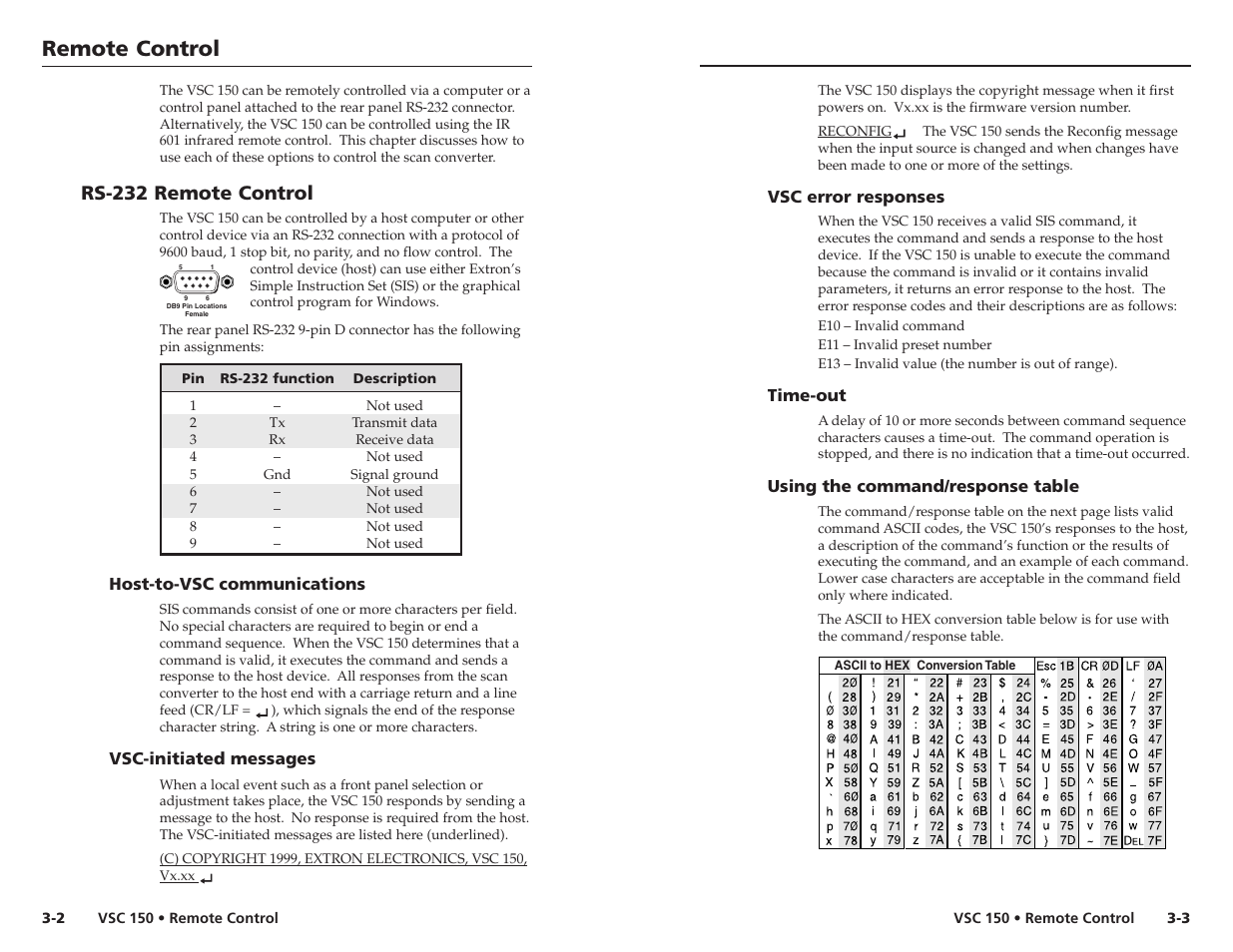 Remote control, Remote control, cont’d, Rs-232 remote control | Extron Electronics VSC 150 User Guide User Manual | Page 17 / 23