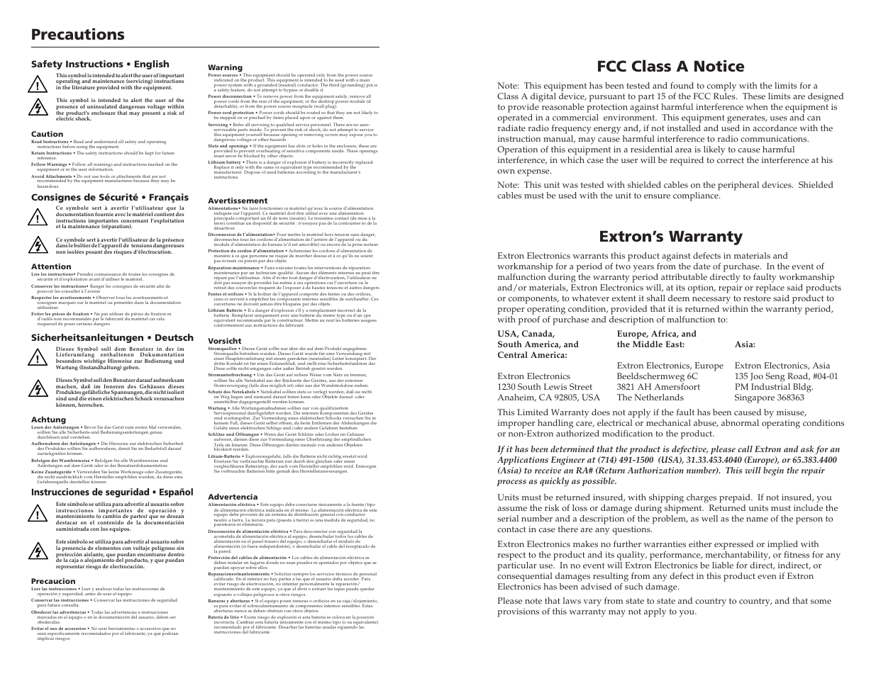 Precautions, Fcc class a notice, Extron’s warranty | Instrucciones de seguridad • español | Extron Electronics VSC 150 User Guide User Manual | Page 2 / 23