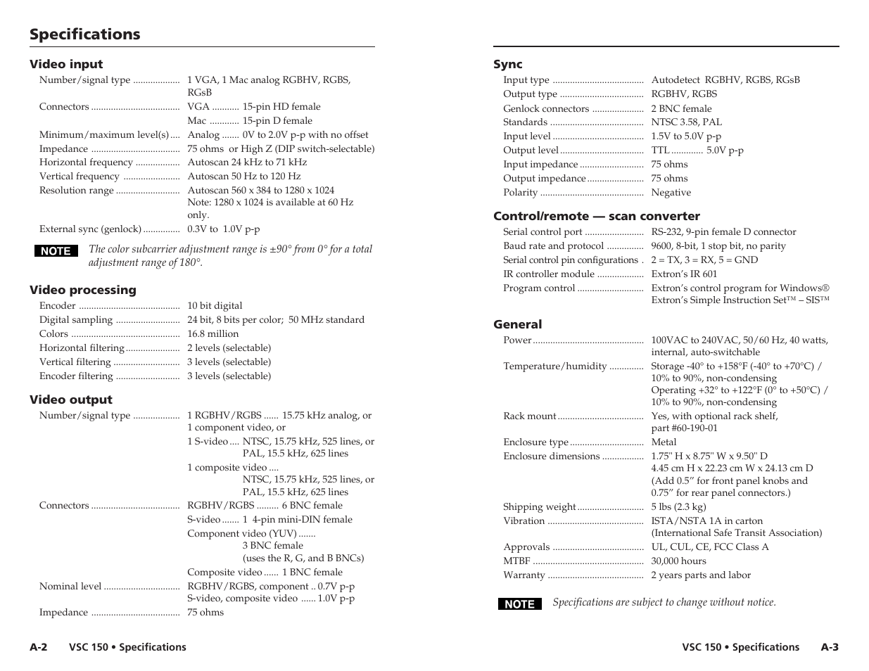 Specifications, Specifications, cont’d | Extron Electronics VSC 150 User Guide User Manual | Page 21 / 23