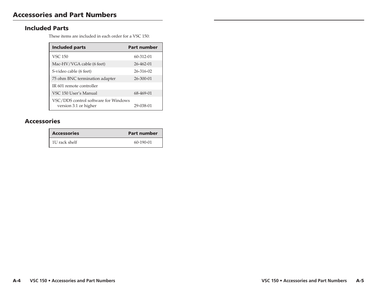 Accessories and part numbers, Accessories | Extron Electronics VSC 150 User Guide User Manual | Page 22 / 23