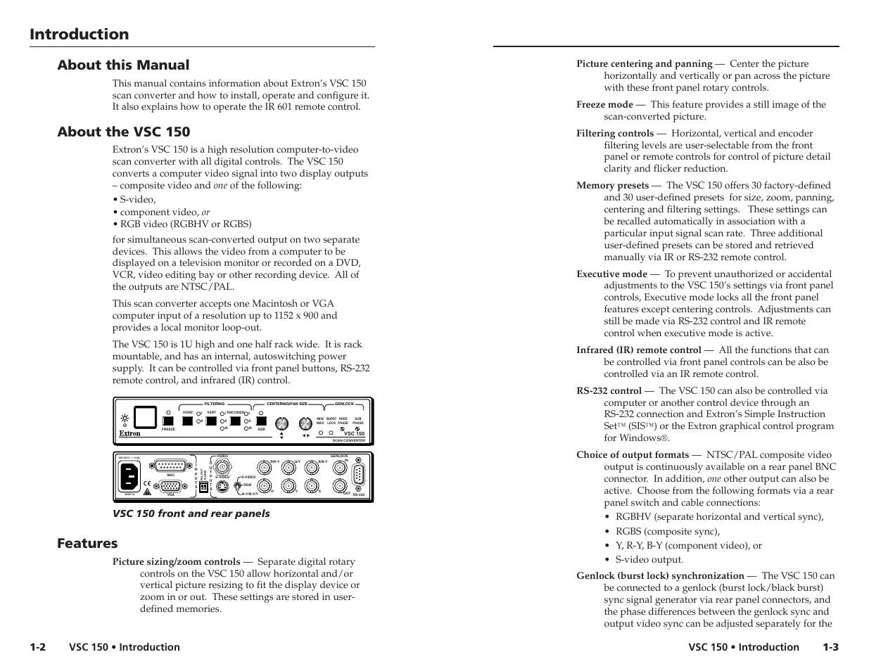 Introduction, Introduction, cont’d, About this manual | About the vsc 150, Features, Vsc 150 • introduction, Vsc 150 front and rear panels | Extron Electronics VSC 150 User Guide User Manual | Page 5 / 23