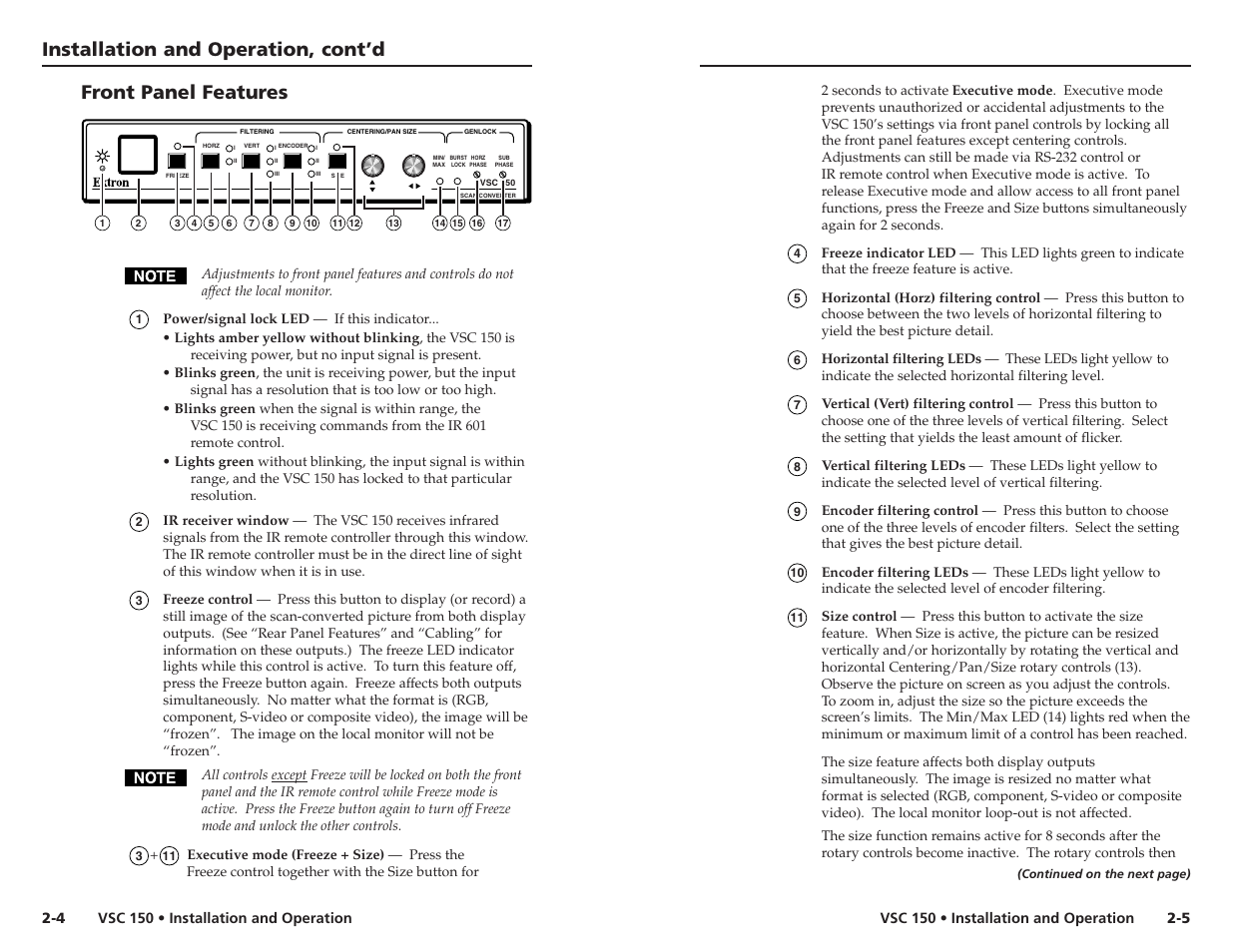 Installation and operation, cont’d, Front panel features | Extron Electronics VSC 150 User Guide User Manual | Page 8 / 23