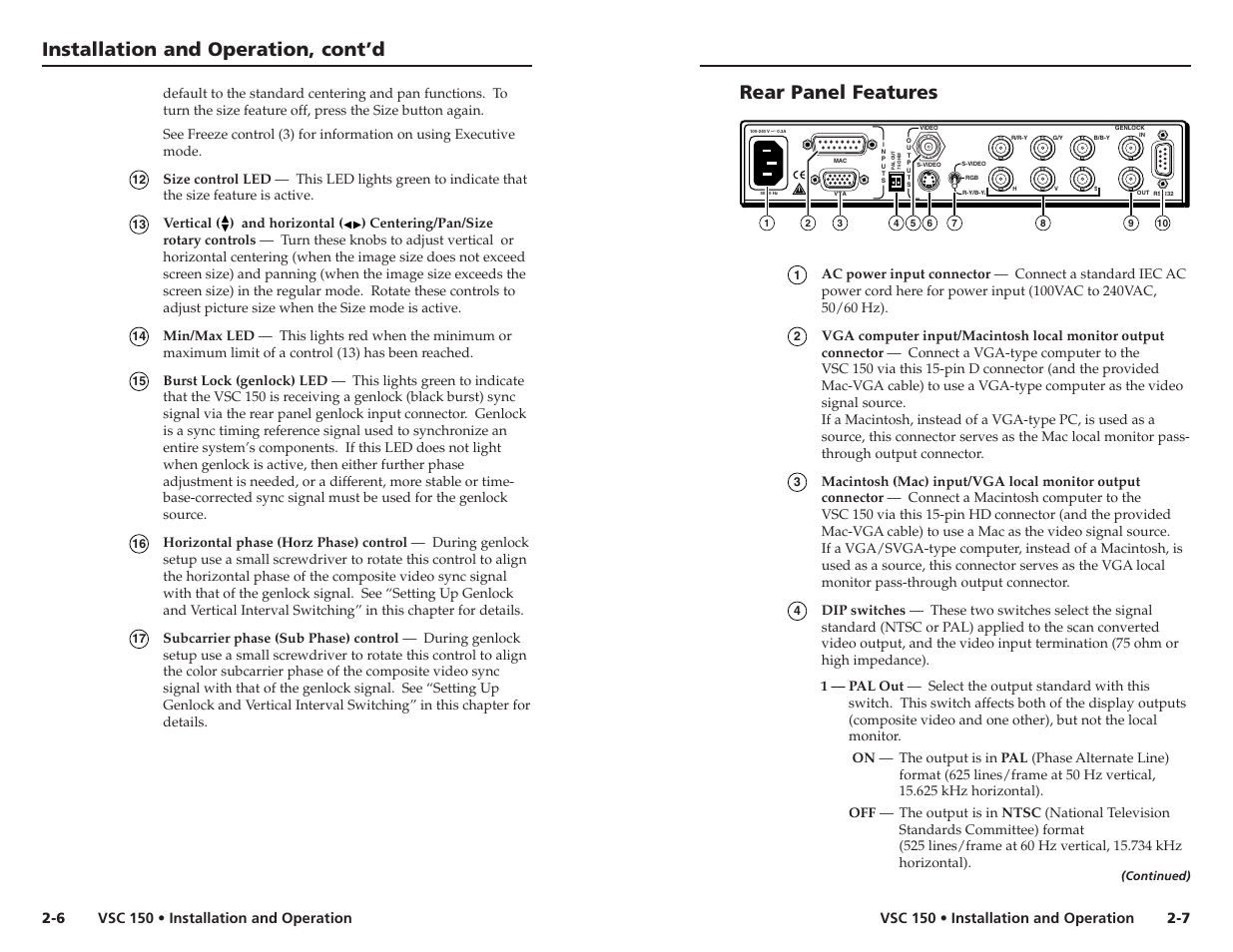 Installation and operation, cont’d, Rear panel features | Extron Electronics VSC 150 User Guide User Manual | Page 9 / 23