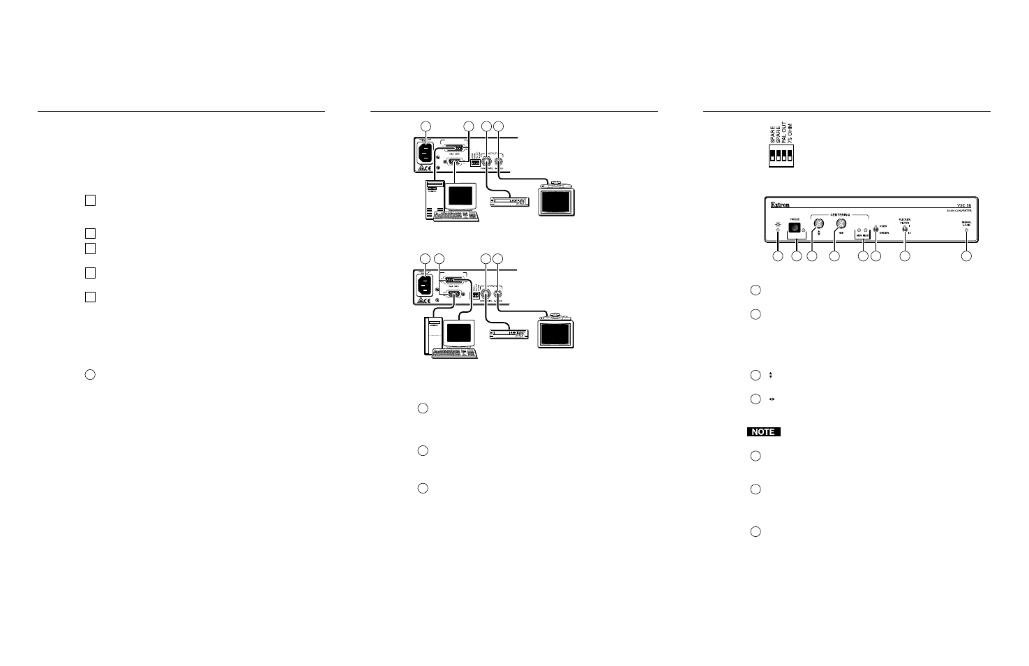Setup, Controls and indicators, Setting up the vsc 50 | Front panel controls & indicators, Rear panel cabling, Rear panel switch settings | Extron Electronics VSC 50 User Guide User Manual | Page 2 / 2