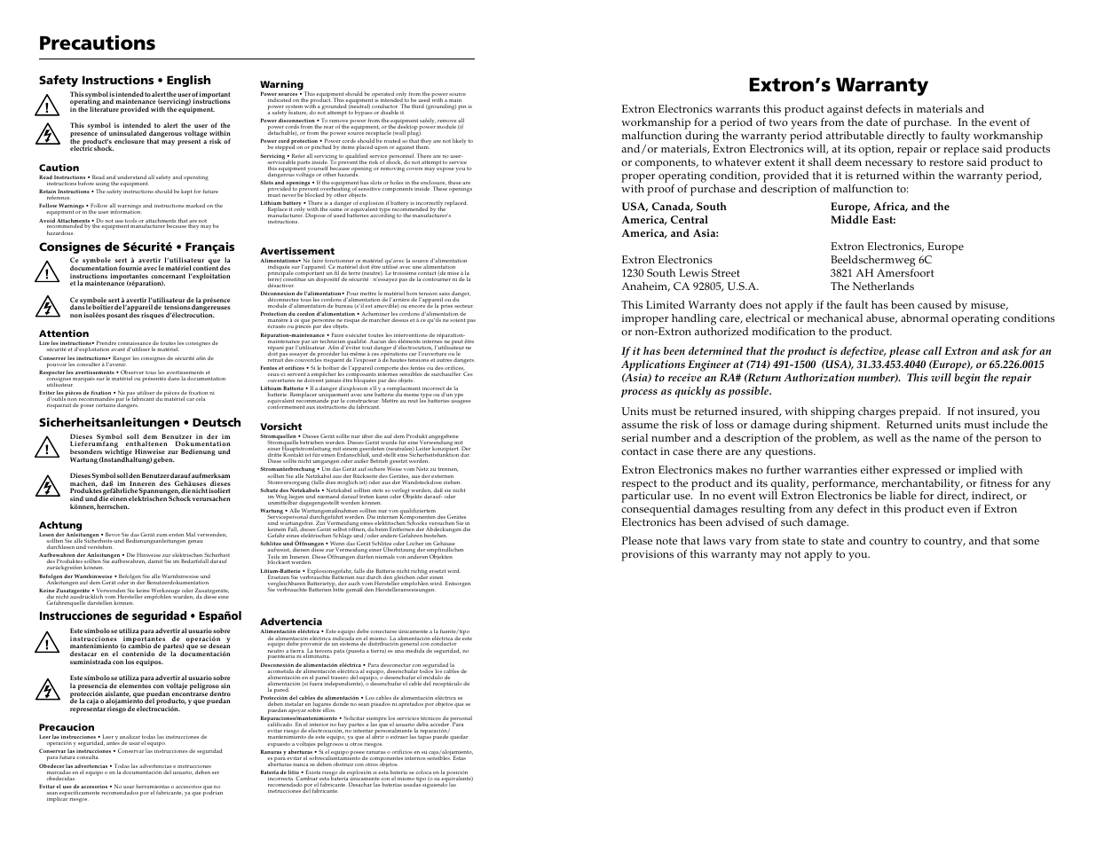 Extron’s warranty, Precautions, Instrucciones de seguridad • español | Extron Electronics VS 200 SL User Guide User Manual | Page 2 / 11