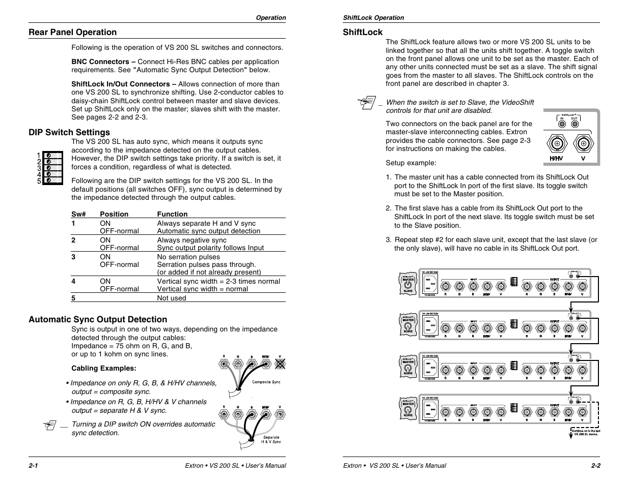 Shiftlock, Rear panel operation, Dip switch settings | Automatic sync output detection | Extron Electronics VS 200 SL User Guide User Manual | Page 7 / 11