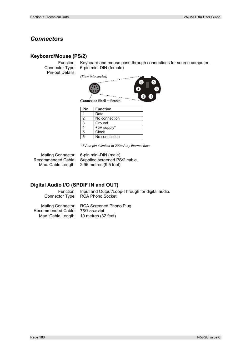 Connectors, Keyboard/mouse (ps/2), Digital audio i/o (spdif in and out) | Extron Electronics VN-MATRIX User Guide User Manual | Page 100 / 138