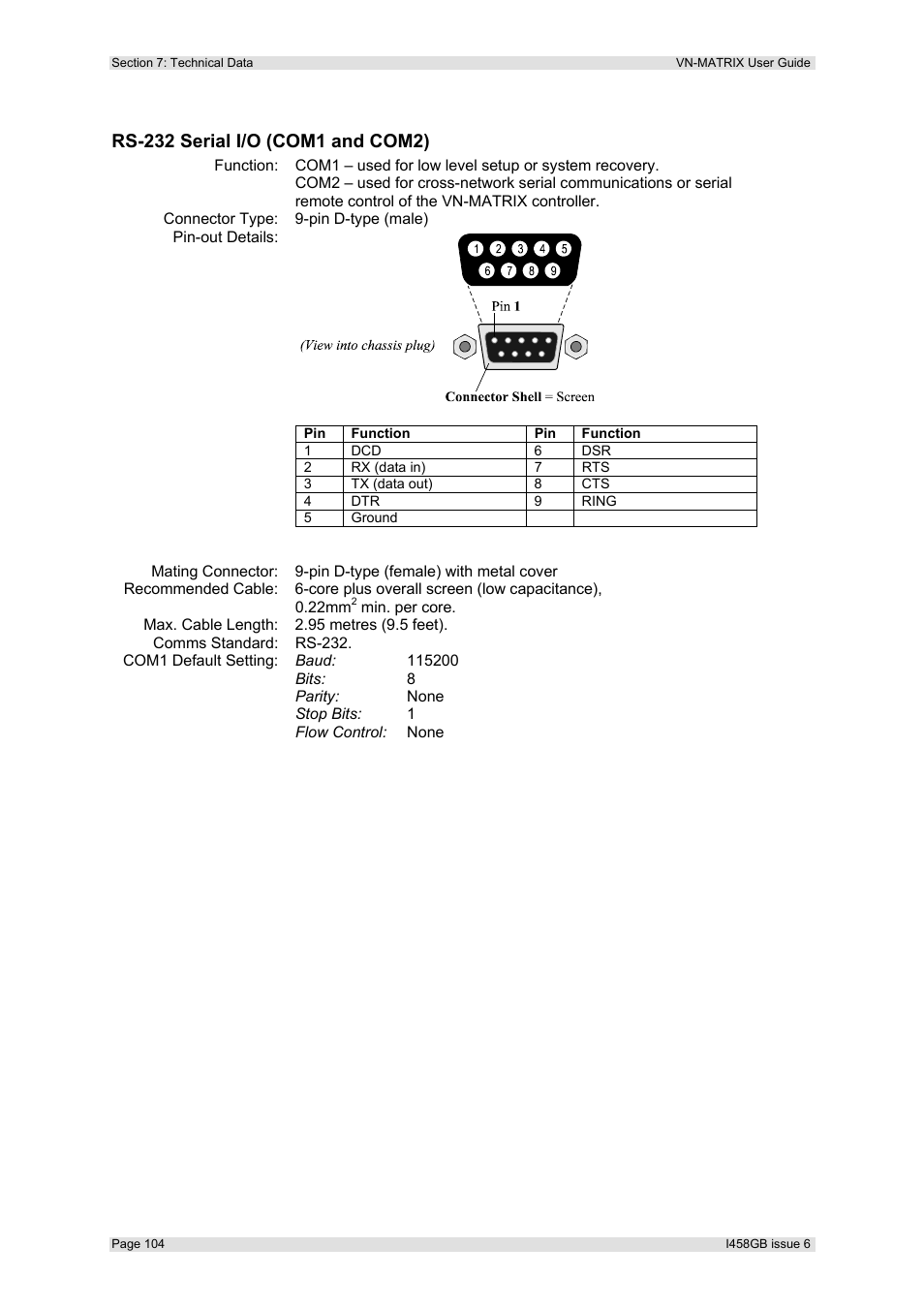 Rs-232 serial i/o (com1 and com2) | Extron Electronics VN-MATRIX User Guide User Manual | Page 104 / 138