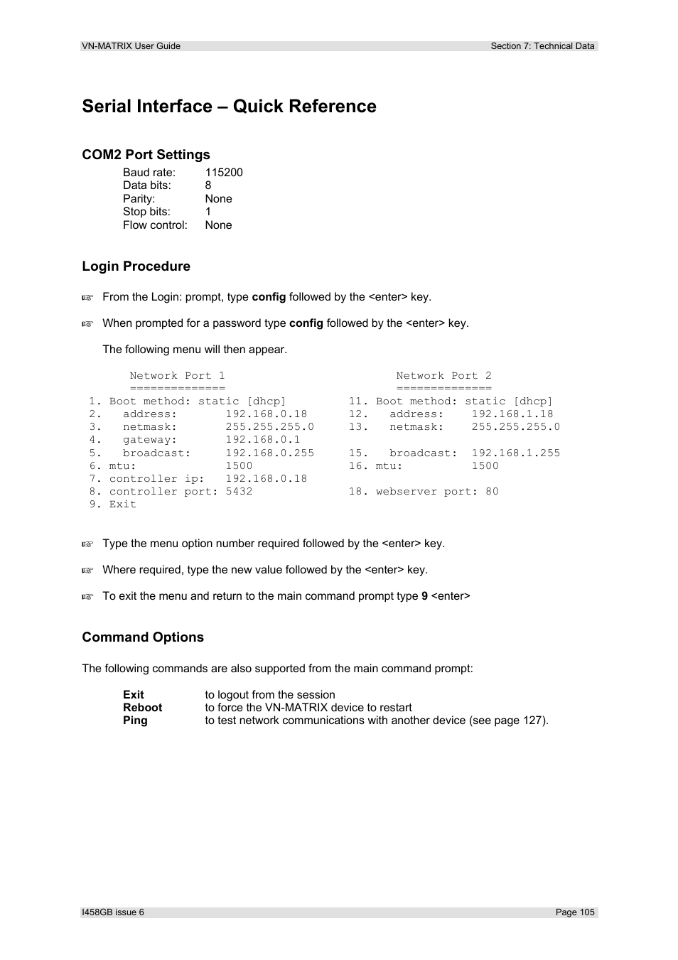 Serial interface – quick reference, Com2 port settings, Login procedure | Command options | Extron Electronics VN-MATRIX User Guide User Manual | Page 105 / 138