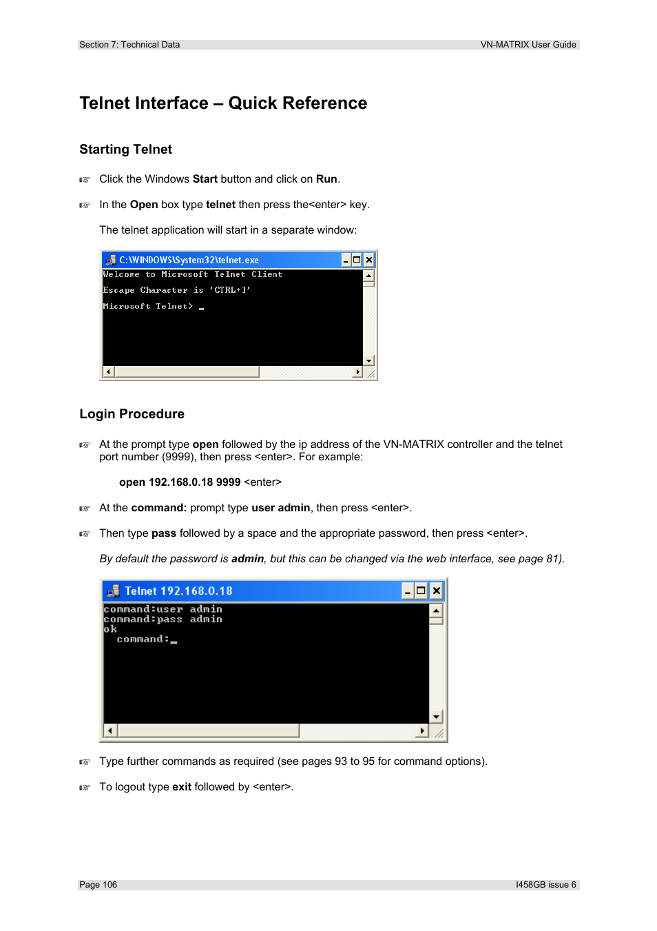 Telnet interface – quick reference, Starting telnet, Login procedure | Extron Electronics VN-MATRIX User Guide User Manual | Page 106 / 138