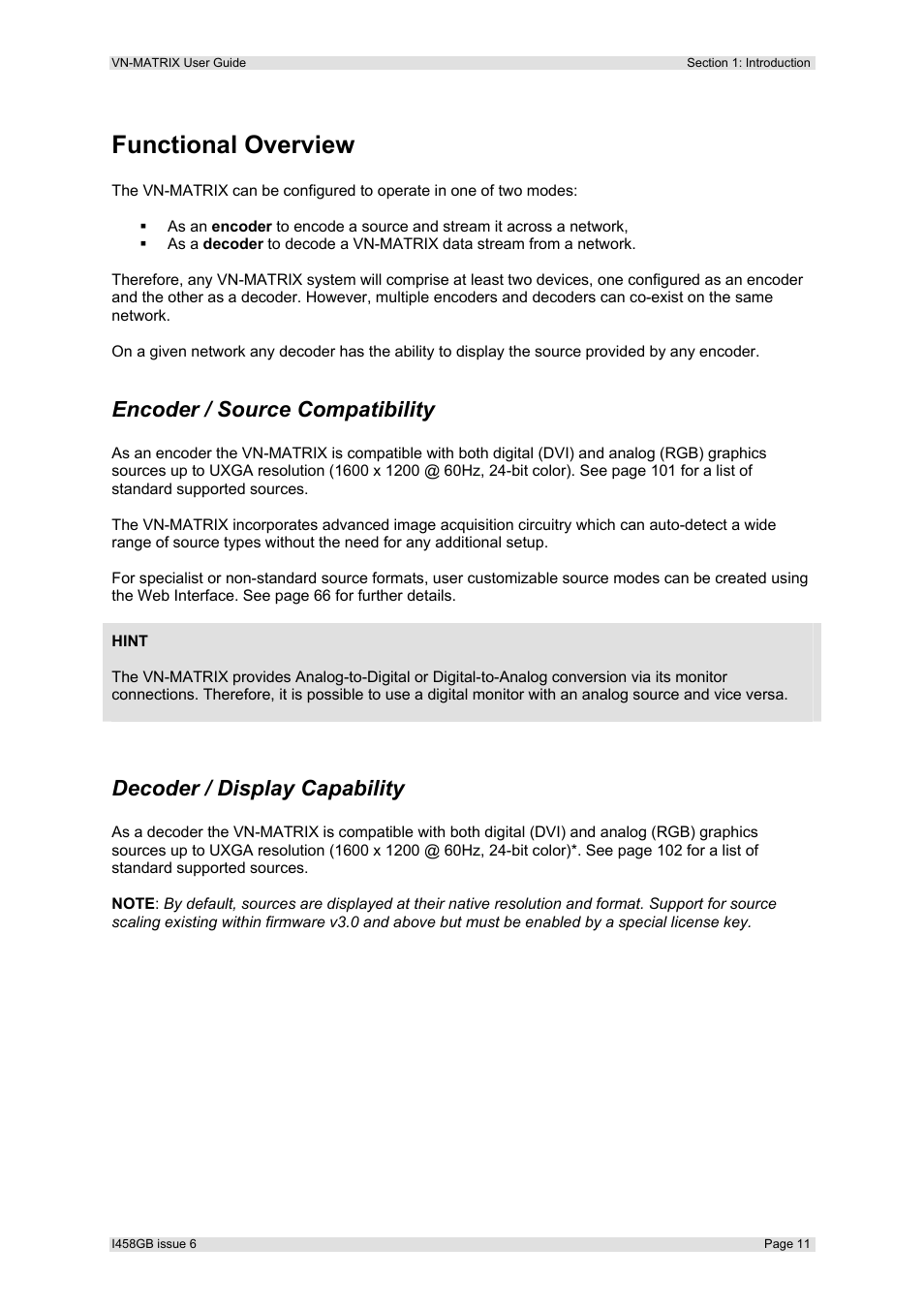 Functional overview, Encoder / source compatibility, Decoder / display capability | Extron Electronics VN-MATRIX User Guide User Manual | Page 11 / 138