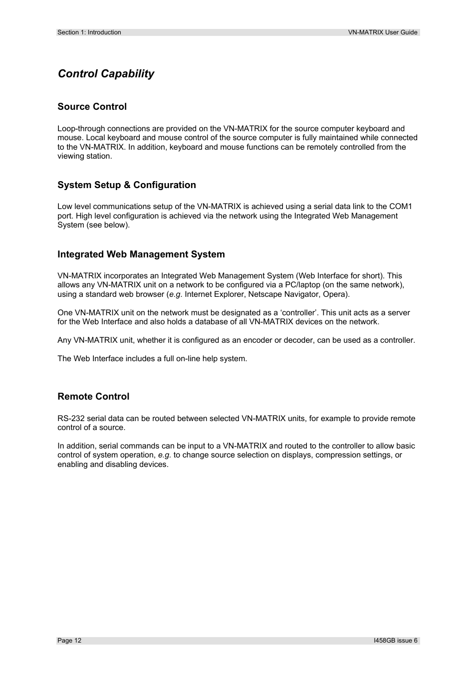 Control capability, Source control, System setup & configuration | Integrated web management system, Remote control | Extron Electronics VN-MATRIX User Guide User Manual | Page 12 / 138
