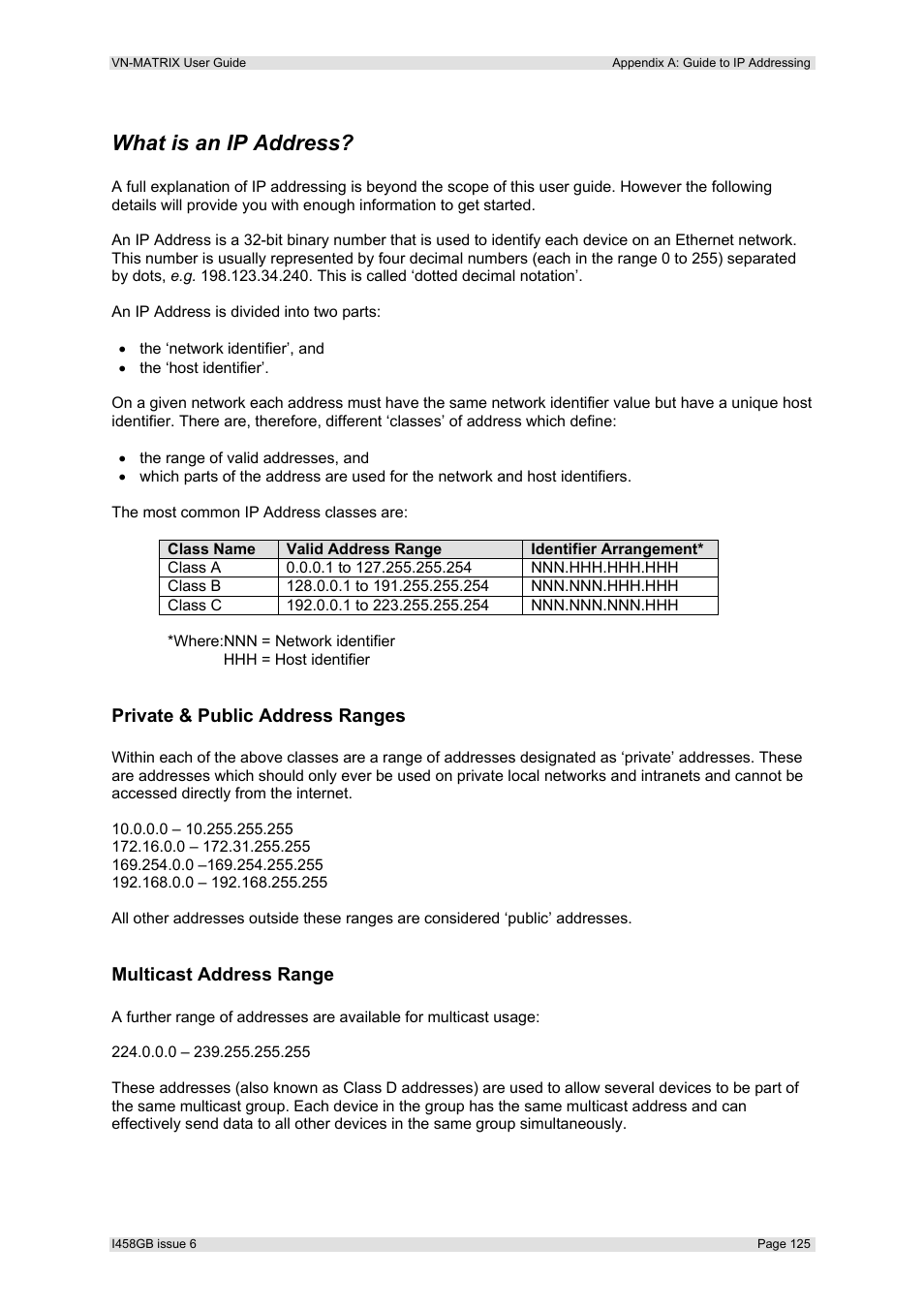What is an ip address, Private & public address ranges, Multicast address range | Extron Electronics VN-MATRIX User Guide User Manual | Page 125 / 138