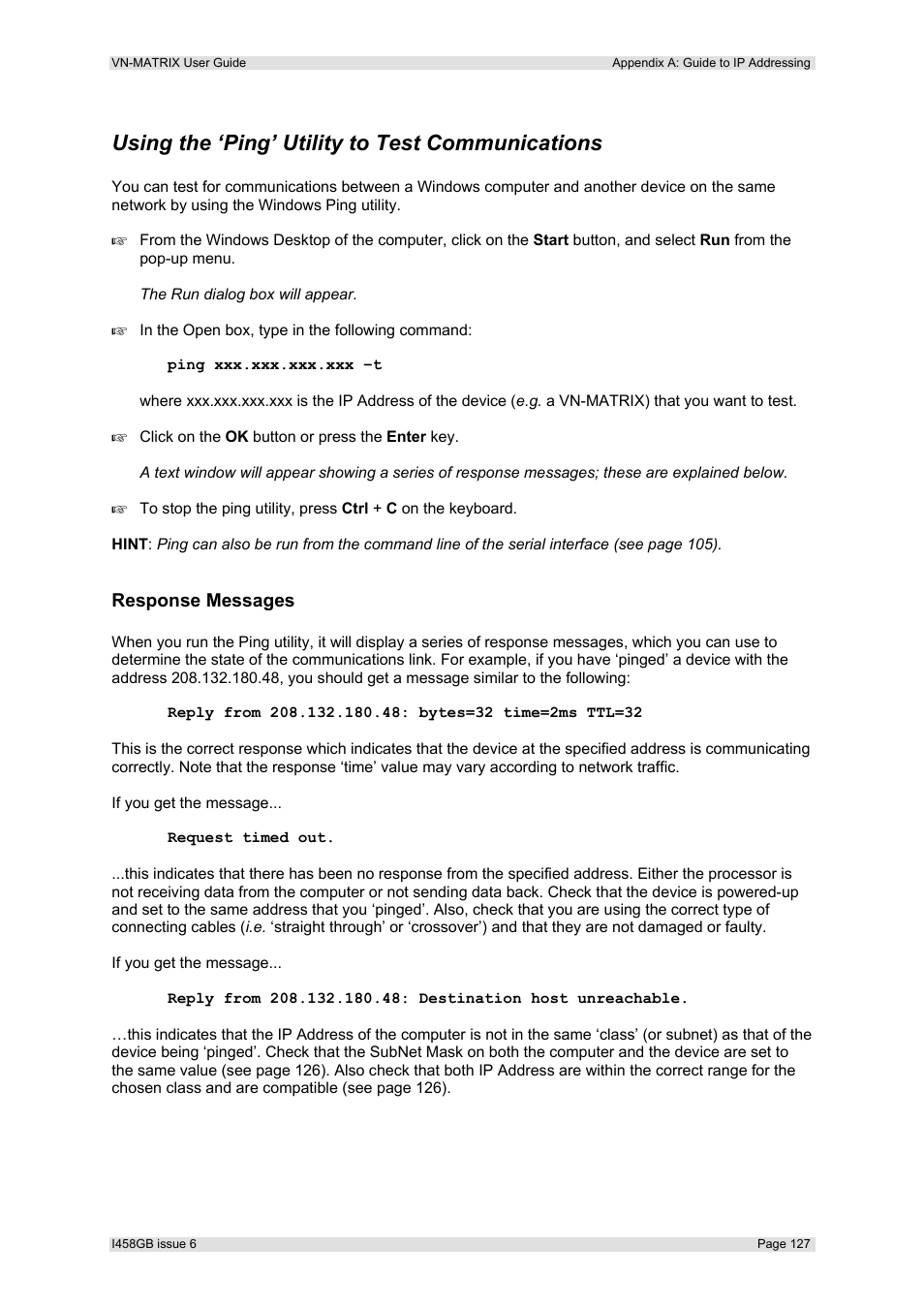 Using the ‘ping’ utility to test communications, Response messages | Extron Electronics VN-MATRIX User Guide User Manual | Page 127 / 138