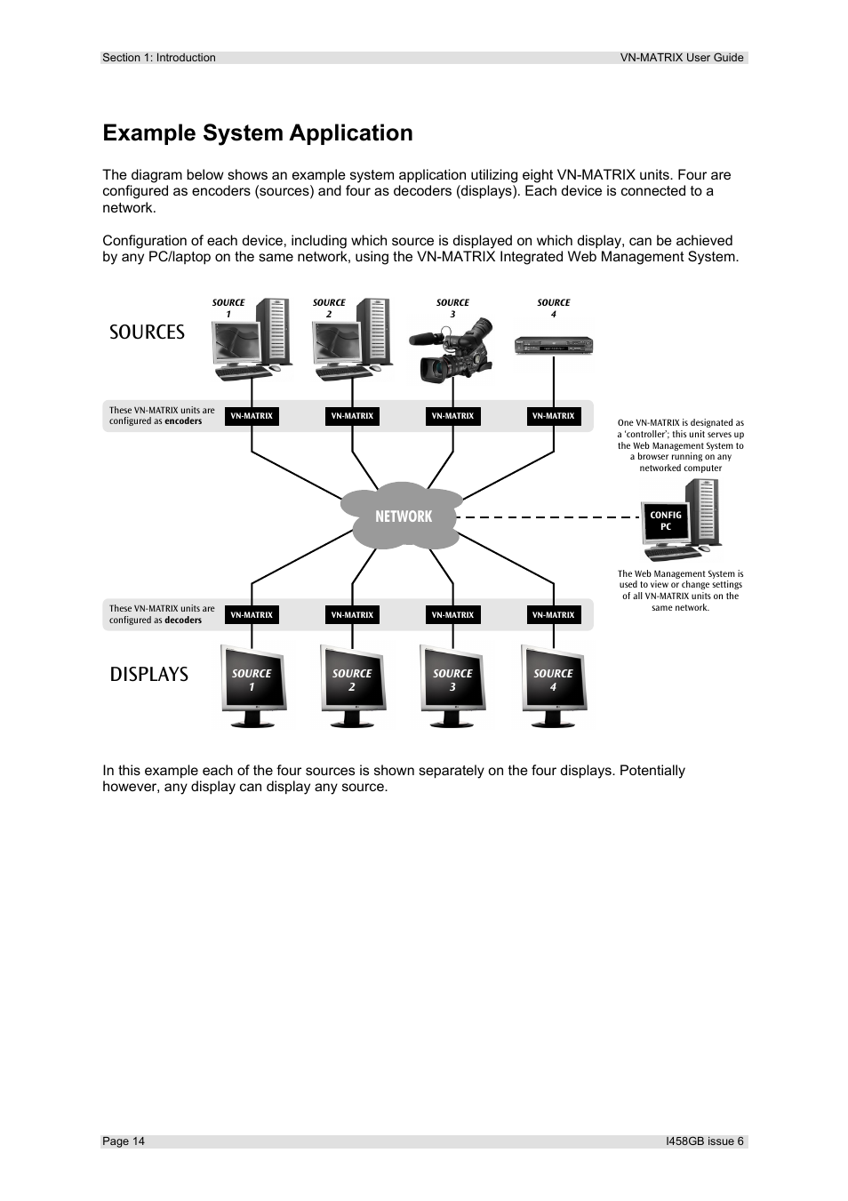 Example system application, Sources displays, Network | Extron Electronics VN-MATRIX User Guide User Manual | Page 14 / 138