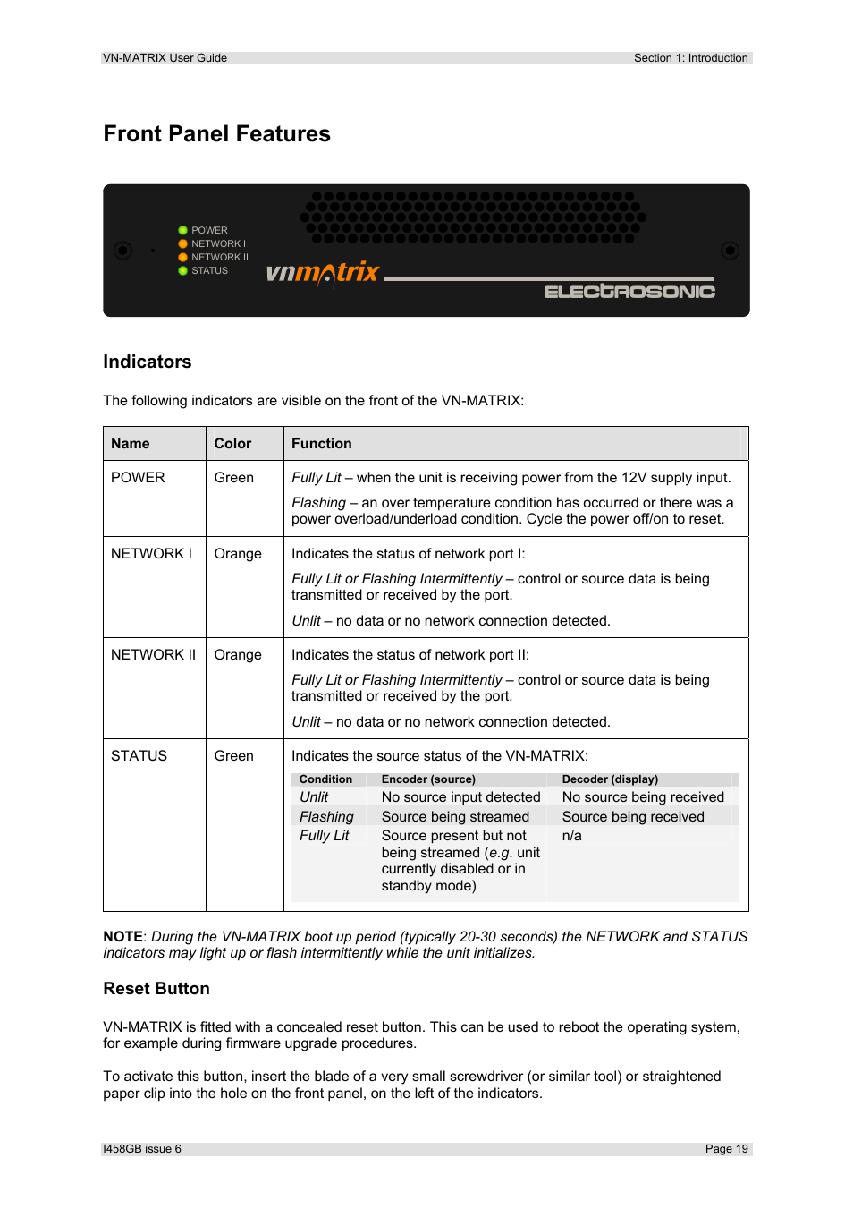 Front panel features, Indicators, Reset button | Electrosonic | Extron Electronics VN-MATRIX User Guide User Manual | Page 19 / 138