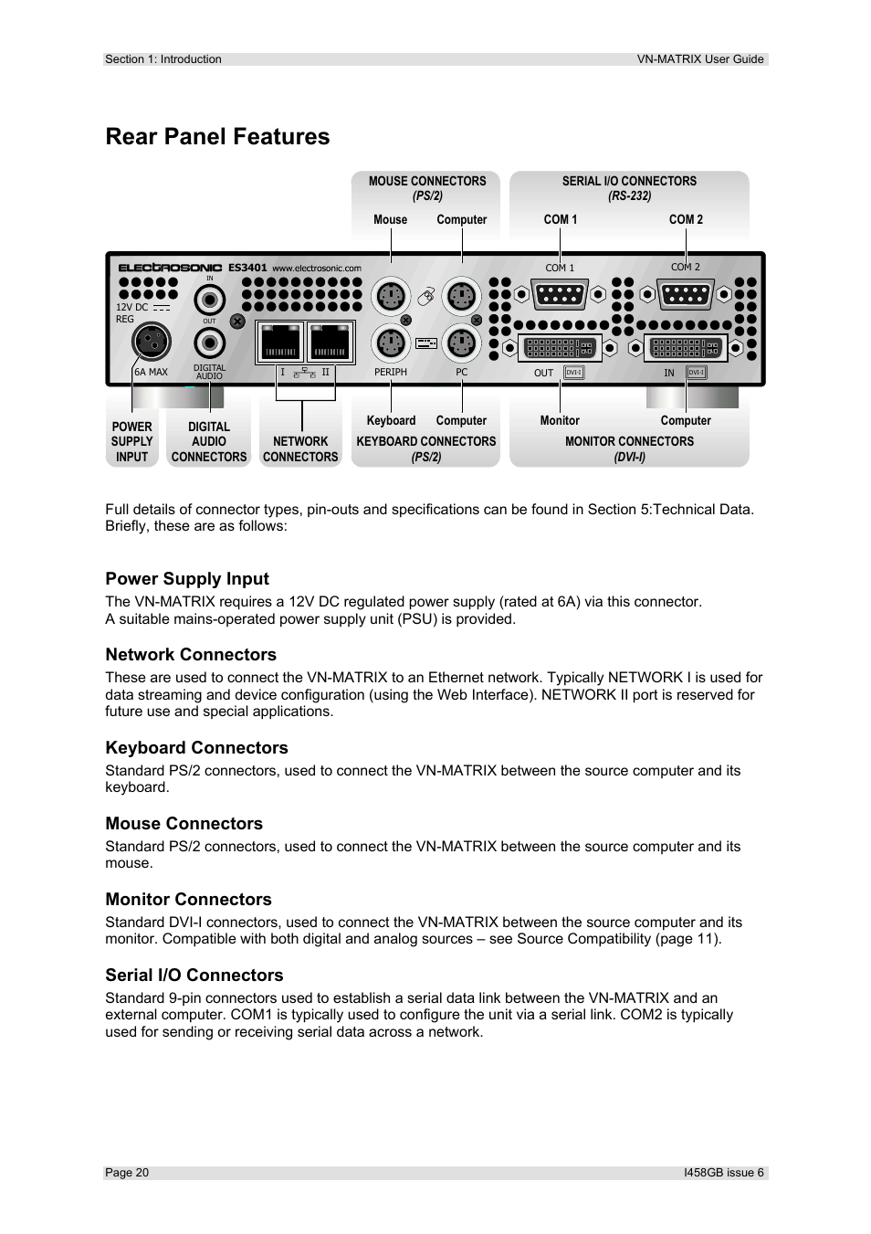 Rear panel features, Power supply input, Network connectors | Keyboard connectors, Mouse connectors, Monitor connectors, Serial i/o connectors | Extron Electronics VN-MATRIX User Guide User Manual | Page 20 / 138