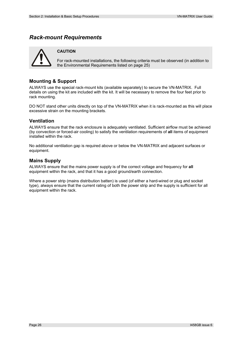Rack-mount requirements, Mounting & support, Ventilation | Mains supply | Extron Electronics VN-MATRIX User Guide User Manual | Page 26 / 138