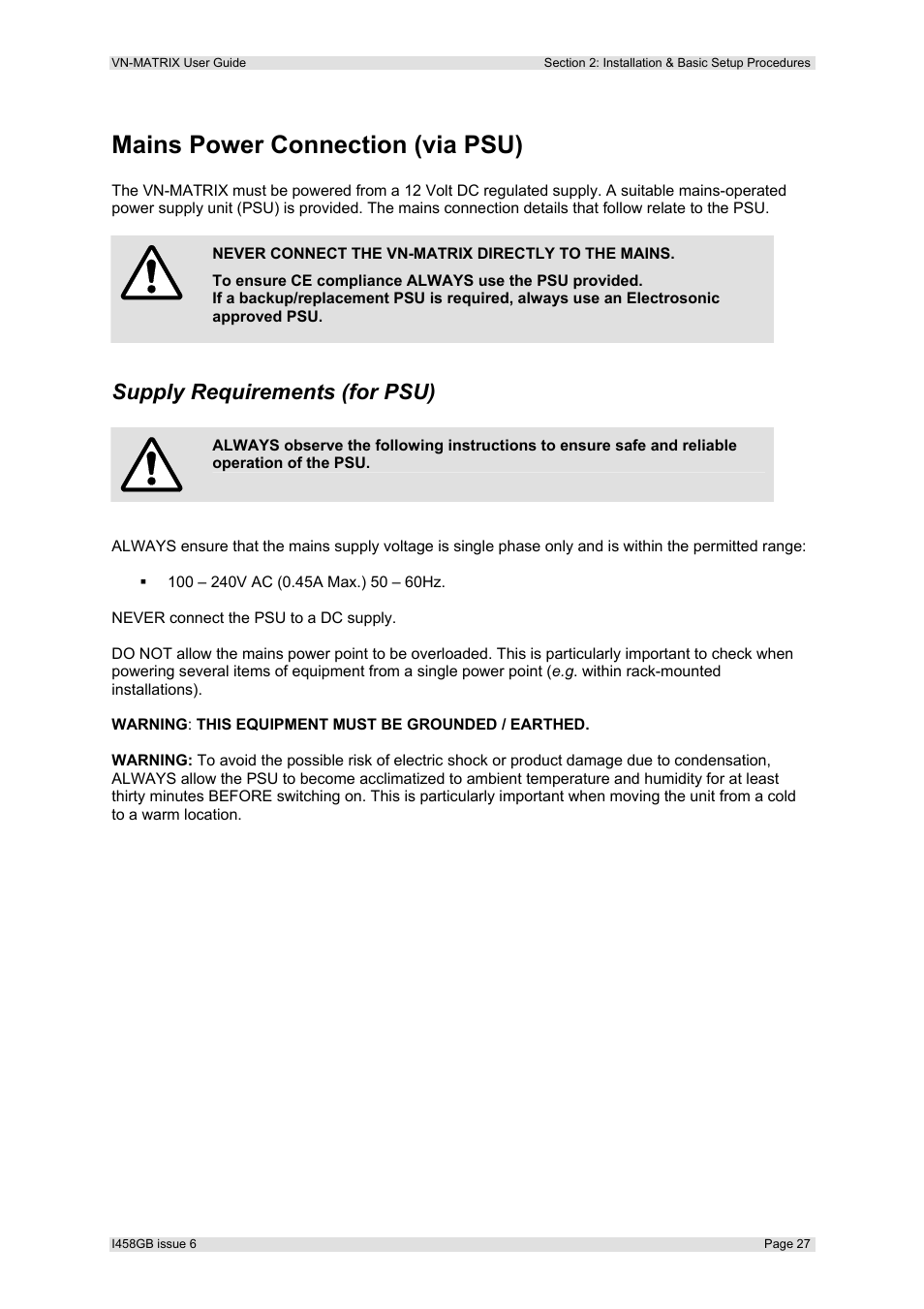 Mains power connection (via psu), Supply requirements (for psu) | Extron Electronics VN-MATRIX User Guide User Manual | Page 27 / 138