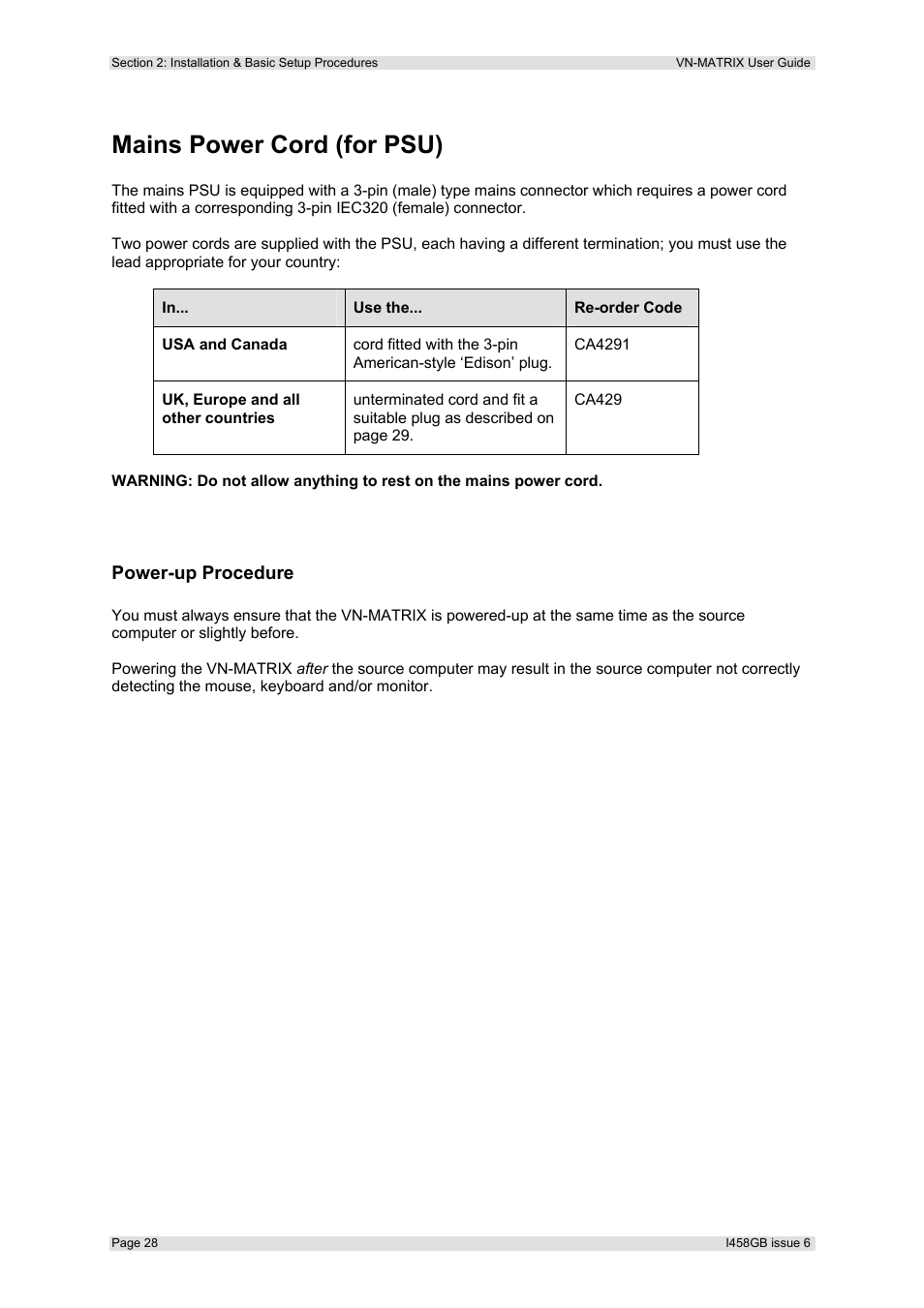 Mains power cord (for psu), Power-up procedure | Extron Electronics VN-MATRIX User Guide User Manual | Page 28 / 138