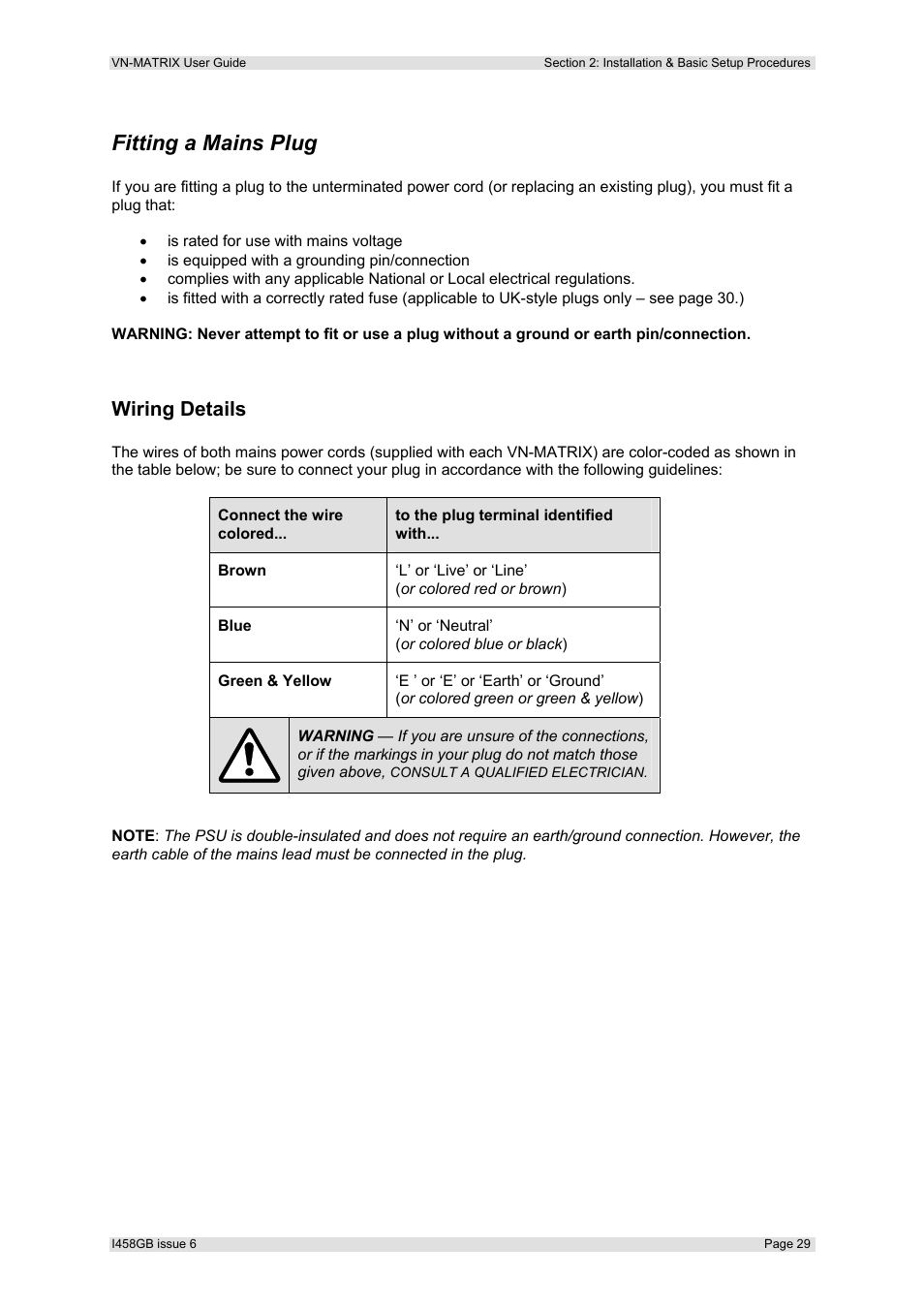 Fitting a mains plug, Wiring details | Extron Electronics VN-MATRIX User Guide User Manual | Page 29 / 138