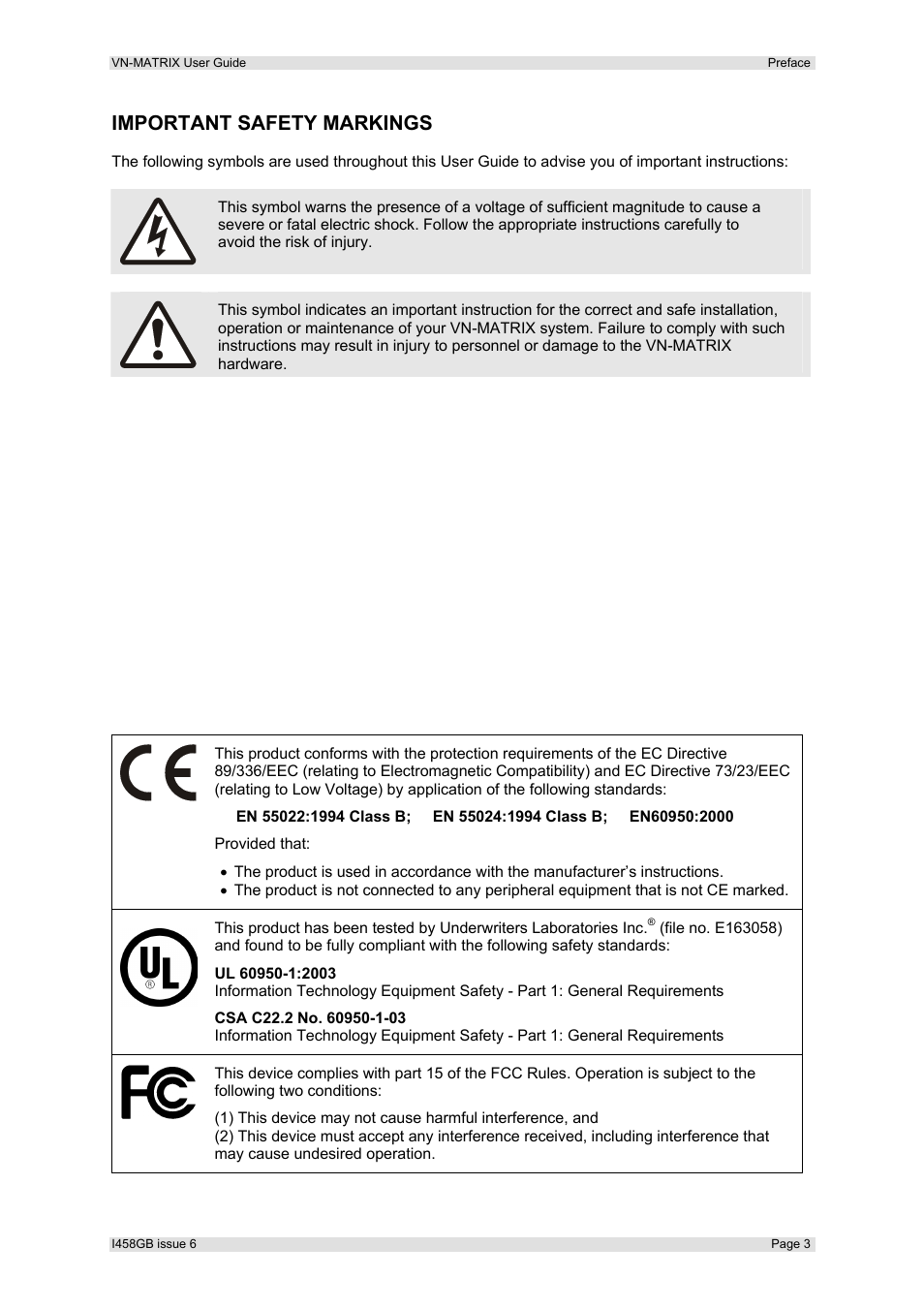 Important safety markings | Extron Electronics VN-MATRIX User Guide User Manual | Page 3 / 138