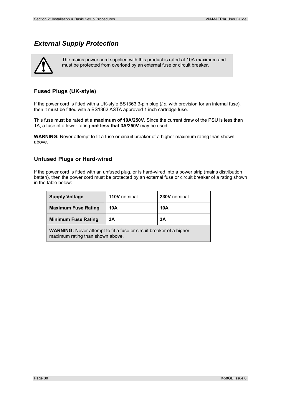 External supply protection, Fused plugs (uk-style), Unfused plugs or hard-wired | Extron Electronics VN-MATRIX User Guide User Manual | Page 30 / 138