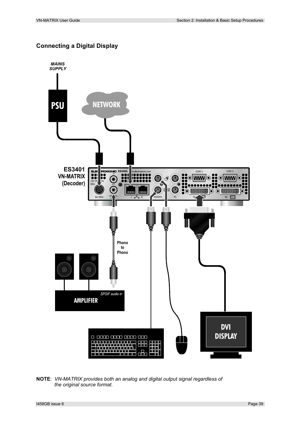 Connecting a digital display, Dvi display, Network | Amplifier, Es3401 vn-matrix (decoder) | Extron Electronics VN-MATRIX User Guide User Manual | Page 39 / 138