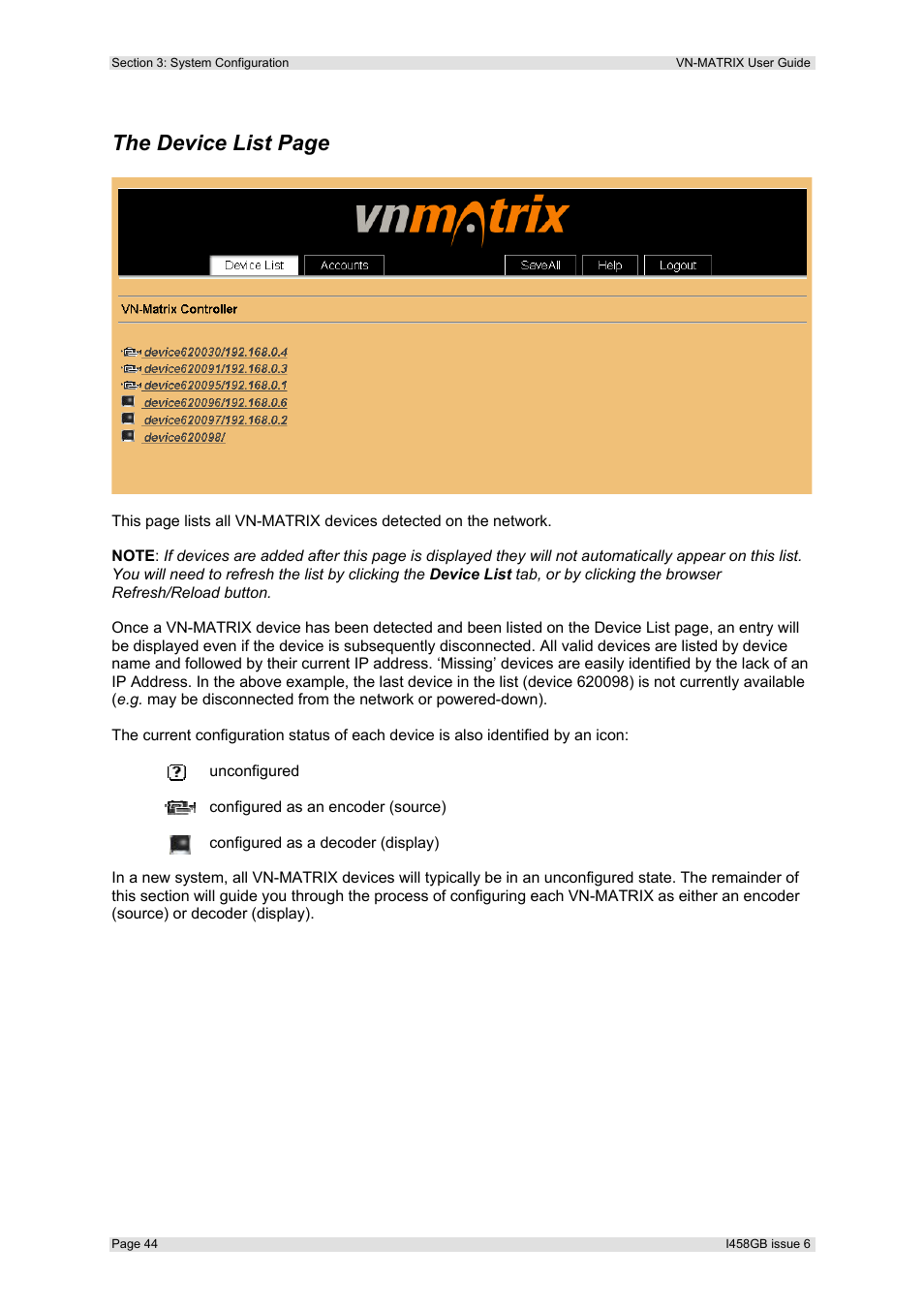 The device list page | Extron Electronics VN-MATRIX User Guide User Manual | Page 44 / 138