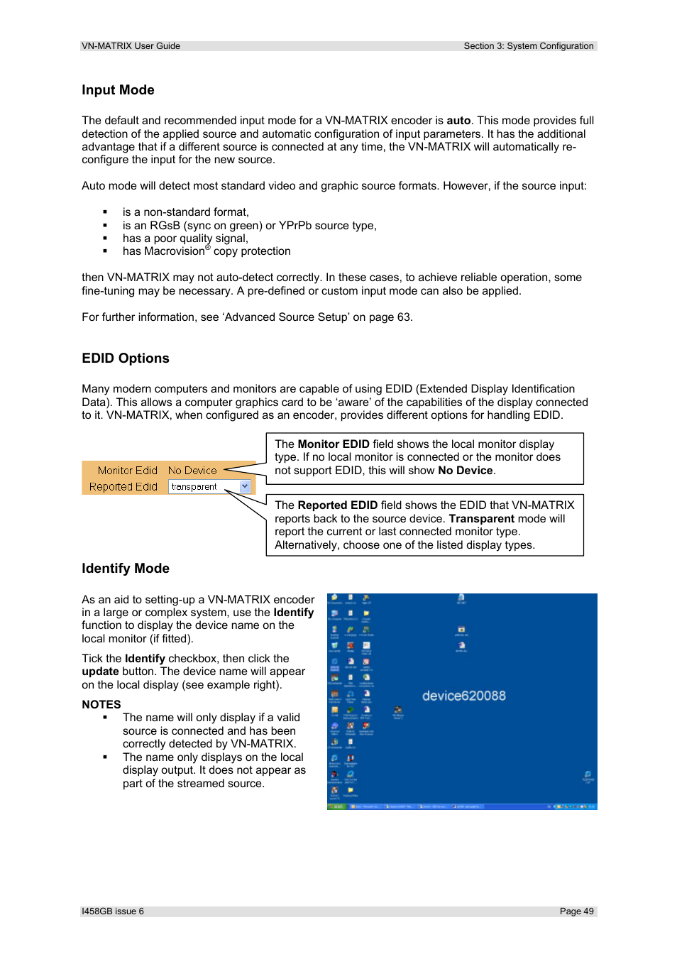 Input mode, Edid options, Identify mode | Extron Electronics VN-MATRIX User Guide User Manual | Page 49 / 138