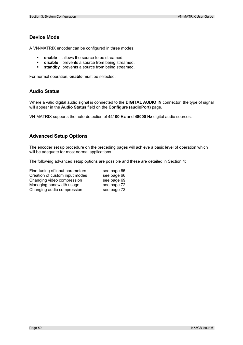 Device mode, Audio status, Advanced setup options | Extron Electronics VN-MATRIX User Guide User Manual | Page 50 / 138