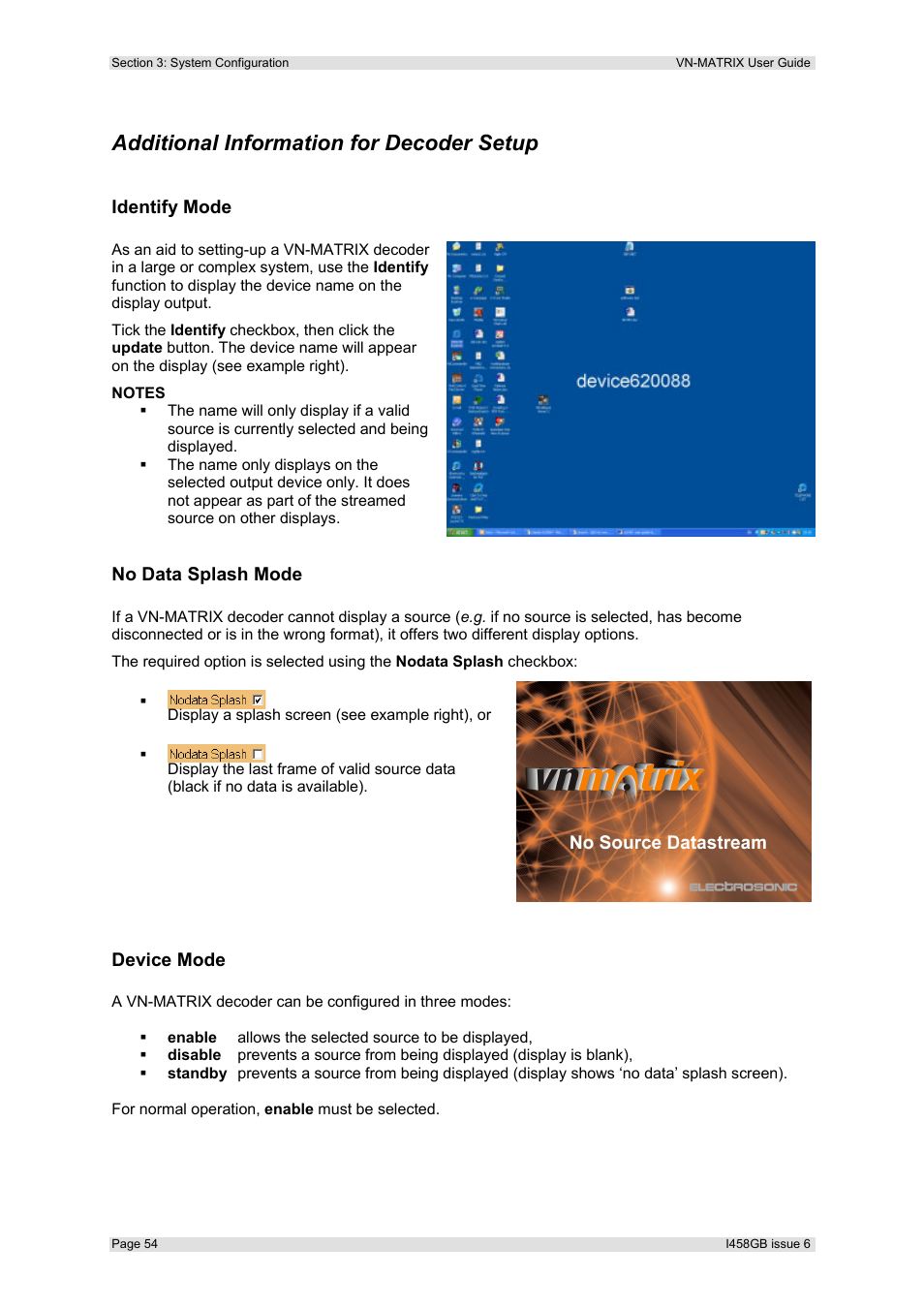 Additional information for decoder setup, Identify mode, No data splash mode | Device mode | Extron Electronics VN-MATRIX User Guide User Manual | Page 54 / 138
