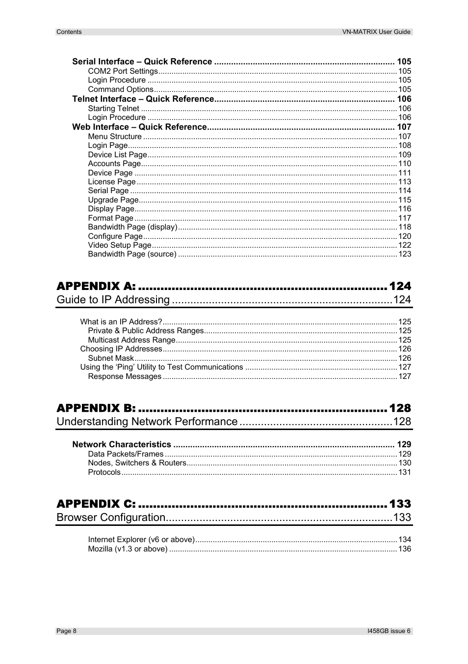 Appendix a, Guide to ip addressing, Appendix b | Understanding network performance, Appendix c, Browser configuration | Extron Electronics VN-MATRIX User Guide User Manual | Page 8 / 138